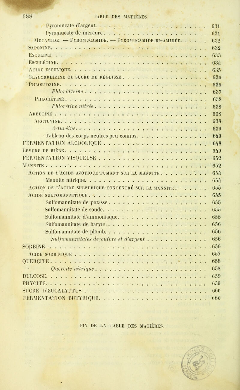 Pyronnicate d'argent. 631 Pyromucate de mercure G31 Mucamide. — Ptromucamide. —Pyromücamide bi-amidée 632 SaponiNe 632 Esculine 633 Esculétine 634 Acide escüliqde 635 Glycyrrhizine ou sucre de réglisse 636 Phloridzine 636 Phloridzéine 637 Phlorétine 638 Phlorétine nitrée 638 Arbutine 638 Arctuvine 638 Artuvêine 639 • Tableau des corps neutres peu connus 640 FERMENTATION ALCOOLIQUE 648 Levure de bière 649 FERMENTATION VISQUEUSE 652 Mannite 652 Action de l’acide azotique fumant sur la mannite 654 Mannite nitrique 654 Action de l’acide sulfurique concentré sur la mannite 655 Acide suLFOMANNiTiouE 655 Sulfomannitate de potasse 655 Sulfomannilate de soude 655 Sulfomannitate d’ammoniaque 655 Sulfomannitate de baryte 656 Sulfomannitate de plomb 656 Sulfomannitates deyuivre et d’argent 656 SORBINE 656 Acide sorbintoüe 657 OUERÇITE *. . .*• 658 Quercite nitrique 658 DULCOSE 659 PHYCITE '. 659 SUCRE D’EUCALYPTUS 660 FERMENTATION BUTYRIQUE 660 FIN DE LA TABLE DES MATIÈRES.