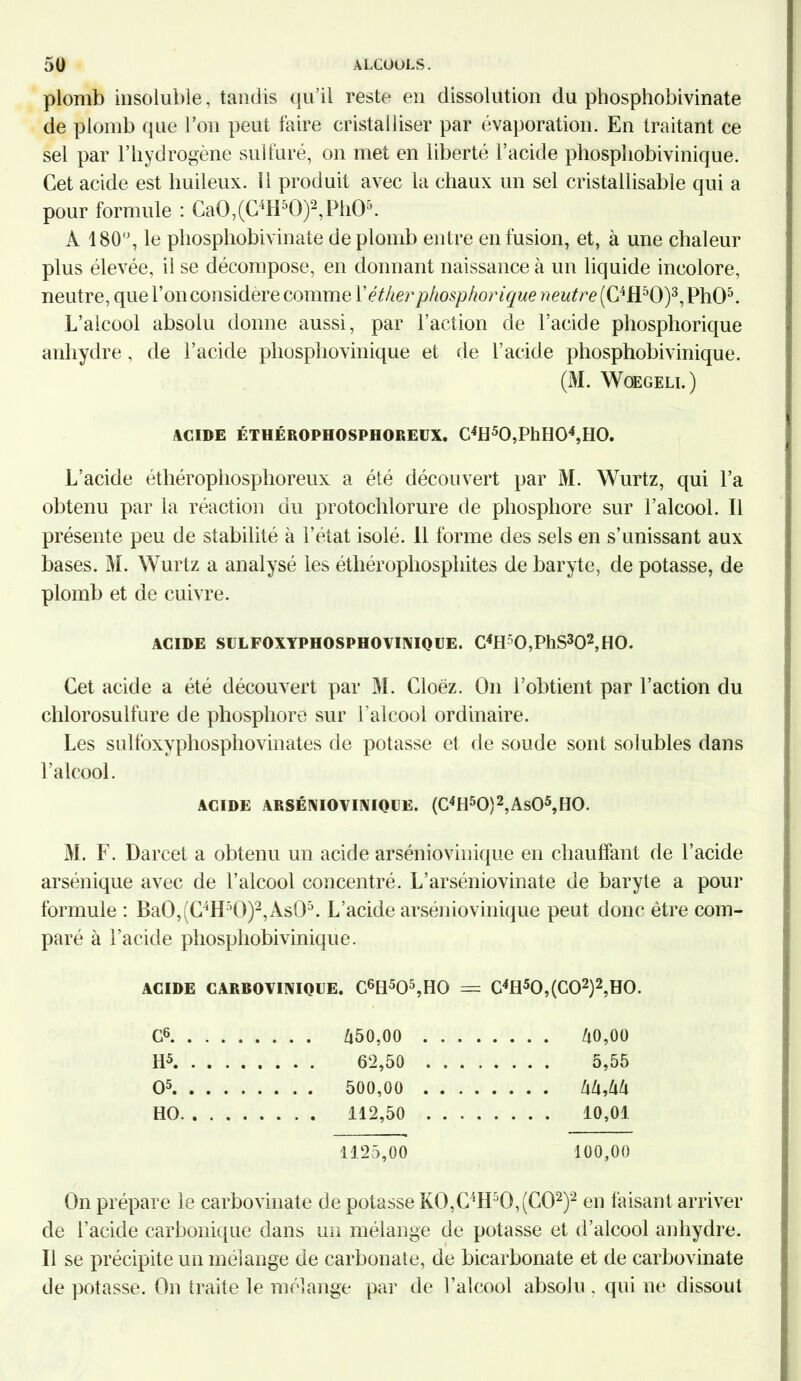 plomb insoluble, tandis qu’il reste en dissolution du phosphobivinate de plomb que l’on peut faire cristalliser par évaporation. En traitant ce sel par l’hydrogène sulfuré, on met en liberté l’acide phospliobivinique. Cet acide est huileux, il produit avec la chaux un sel cristallisable qui a pour formule : Ca0,(C4H50)2,Ph05. A 180°, le phosphobivinate de plomb entre en fusion, et, à une chaleur plus élevée, il se décompose, en donnant naissance à un liquide incolore, neutre, que l’on considère comme V éther phosphorique neutre (C4H50)3, PhO5. L’alcool absolu donne aussi, par l’action de l’acide phosphorique anhydre, de l’acide phosphovinique et de l’acide phosphobivinique. (M. WOEGELI. ) ACIDE ÉTHÉROPHOSPHOREUX. C4H50,PhH04,H0. L’acide éthérophosphoreux a été découvert par M. Wurtz, qui l’a obtenu par la réaction du protochlorure de phosphore sur l’alcool. Il présente peu de stabilité à l’état isolé. 11 forme des sels en s’unissant aux bases. M. Wurtz a analysé les étliérophosphites de baryte, de potasse, de plomb et de cuivre. ACIDE SULFOXYPHOSPHOVINIQUE. C4H5O,PhS302,HO. Cet acide a été découvert par M. Cloëz. O11 l’obtient par l’action du chlorosulfure de phosphore sur l’alcool ordinaire. Les sulfoxyphosphovinates de potasse et de soude sont solubles dans l’alcool. ACIDE ARSÉNIOVINIQUE. (C4H50)2,As05,H0. M. F. Darcet a obtenu un acide arséniovinique en chauffant de l’acide arsénique avec de l’alcool concentré. L’arséniovinate de baryte a pour formule : Ba0,(C4H50)2,As05. L’acide arséniovinique peut donc être com- paré à l’acide phosphobivinique. ACIDE CARBOVINIOUE. C6H505,H0 = C4H50,(C02)2,H0. C6 . . . 450,00 .... . . . . 40,00 H5 . . . . 62,50 .... . . . . 5,55 O5 . . . . 500,00 .... HO . . . . 112,50 .... . . . . 10,01 1125,00 100,00 On prépare le carbovinate de potasse K0,C4H50,(C02)2 en faisant arriver de l’acide carbonique dans un mélange de potasse et d’alcool anhydre. Il se précipite un mélange de carbonate, de bicarbonate et de carbovinate de potasse. On traite le mélange par de l’alcool absolu , qui ne dissout