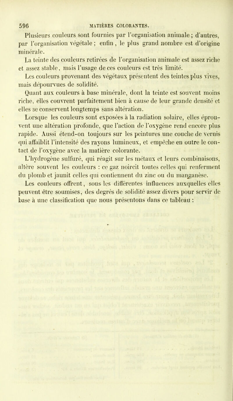 Plusieurs couleurs sont fournies par l’organisation animale ; d’autres, par l’organisation végétale ; enfin , le plus grand nombre est d’origine minérale. La teinte des couleurs retirées de l’organisation animale est assez riche et assez stable, mais l’usage de ces couleurs est très limité. Les couleurs provenant des végétaux présentent des teintes plus vives, mais dépourvues de solidité. Quant aux couleurs à base minérale, dont la teinte est souvent moins riche, elles couvrent parfaitement bien à cause de leur grande densité et elles se conservent longtemps sans altération. Lorsque les couleurs sont exposées à la radiation solaire, elles éprou- vent une altération profonde, que l’action de l’oxygène rend encore plus rapide. Aussi étend-on toujours sur les peintures une couche de vernis qui affaiblit l’intensité des rayons lumineux, et empêche en outre le con- tact de l’oxygène avec la matière colorante. L’hydrogène sulfuré, qui réagit sur les métaux et leurs combinaisons, altère souvent les couleurs : ce gaz noircit toutes celles qui renferment du plomb et jaunit celles qui contiennent du zinc ou du manganèse. Les couleurs offrent, sous les différentes influences auxquelles elles peuvent être soumises, des degrés de solidité assez divers pour servir de base à une classification que nous présentons dans ce tableau :