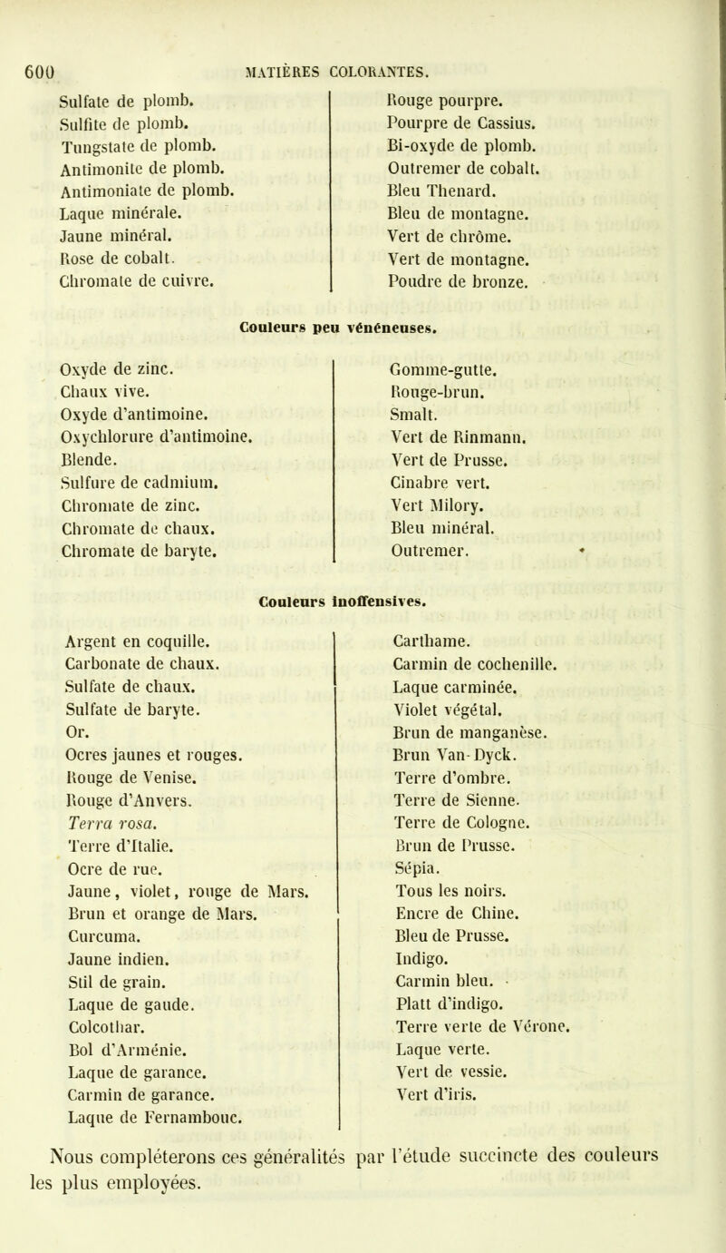 Sulfate de plomb. Rouge pourpre. Sulfite de plomb. Pourpre de Cassius. Tungstate de plomb. Bi-oxyde de plomb. Antimonite de plomb. Outremer de cobalt. Antimoniale de plomb. Bleu Thénard. Laque minérale. Bleu de montagne. Jaune minéral. Vert de chrome. Rose de cobalt. Vert de montagne. Ghromate de cuivre. Poudre de bronze. Couleurs peu vénéneuses. Oxyde de zinc. Gomme-gutte. Chaux vive. Rouge-brun. Oxyde d’antimoine. Smalt. Oxychlorure d’antimoine. Vert de Rinmann. Blende. Vert de Prusse. Sulfure de cadmium. Cinabre vert. Chromate de zinc. Vert Milory. Chromate de chaux. Bleu minéral. Chromate de baryte. Outremer. Couleurs inoffensives. Argent en coquille. Cartliame. Carbonate de chaux. Carmin de cochenille. Sulfate de chaux. Laque carminée. Sulfate de baryte. Violet végétal. Or. Brun de manganèse. Ocres jaunes et rouges. Brun Van Dyck. Rouge de Venise. Terre d’ombre. Rouge d’Anvers. Terre de Sienne. Terra vosa. Terre de Cologne. Terre d’Italie. Brun de Prusse. Ocre de rue. Sépia. Jaune, violet, rouge de Mars. Tous les noirs. Brun et orange de Mars. Encre de Chine. Curcuma. Bleu de Prusse. Jaune indien. Indigo. Stil de grain. Carmin bleu. • Laque de gaude. Platt d’indigo. Colcothar. Terre verte de Vérone. Bol d’Arménie. Laque verte. Laque de garance. Vert de vessie. Carmin de garance. Vert d’iris. Laque de Fernambouc. Nous compléterons ces généralités par l’étude succincte des couleur plus employées.