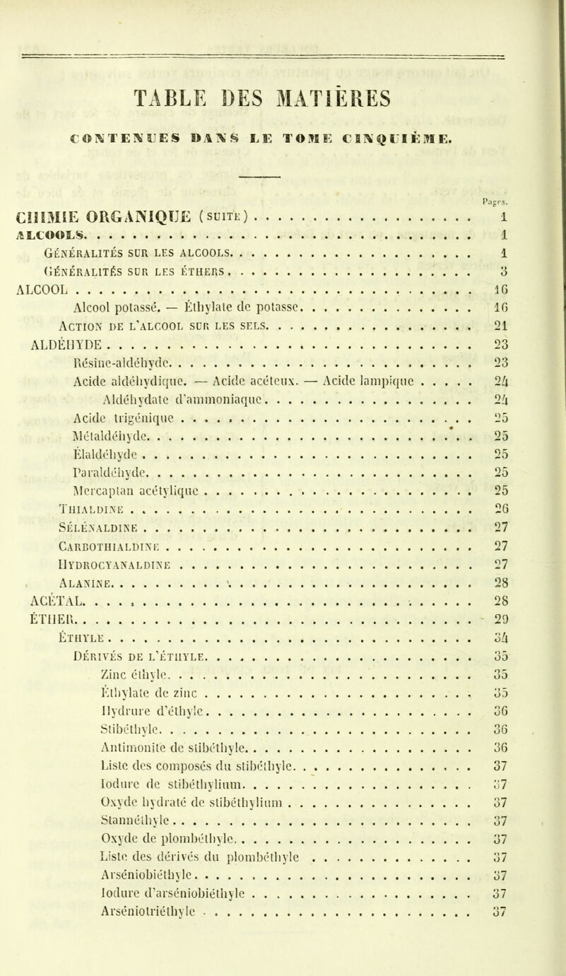 TABLE DES MATIÈRES CONTENUES DANS LE TOME CINQUIÈME. P;i CHIMIE ORGANIQUE (suite) ALCOOLS Généralités sur les alcools Généralités sur les éthers ALCOOL Alcool potassé. — Éthylate de potasse Action de l’alcool sur les sels ALDÉHYDE Résine-aldéhyde . Acide aldéhydique. — Acide acéteux. — Acide lampique Aldéhydate d’ammoniaque Acide trigénique Métaldéhyde Élaldchydc Paraldéhyde Mercaptan acétyliquc Thial dîne SÉLÉNALDINE Carbothialdine Il YDROCYANA L DIN E Alanine '. ACÉTAL ÉTHER ÉTHYLE Dérivés de l’éthyle Zinc éthyle Ethylate de zinc Ilydrure d’éthyle Stibéthvle Àntimonite de stibétliyle Liste des composés du stibétliyle lodure de stibéthylium Oxyde hydraté de stibéthylium Stannéthyle Oxyde de plombéthyle Liste des dérivés du plombéthyle Arséniobiéthyle lodure d’arséniobiéthyle Arséniotriéthyle igrs. 1 1 1 O 16 16 21 23 23 24 24 25 25 25 25 25 26 27 27 27 28 28 29 34 35 35 35 36 36 36 37 37 37 37 37 37 37 37 o n O/