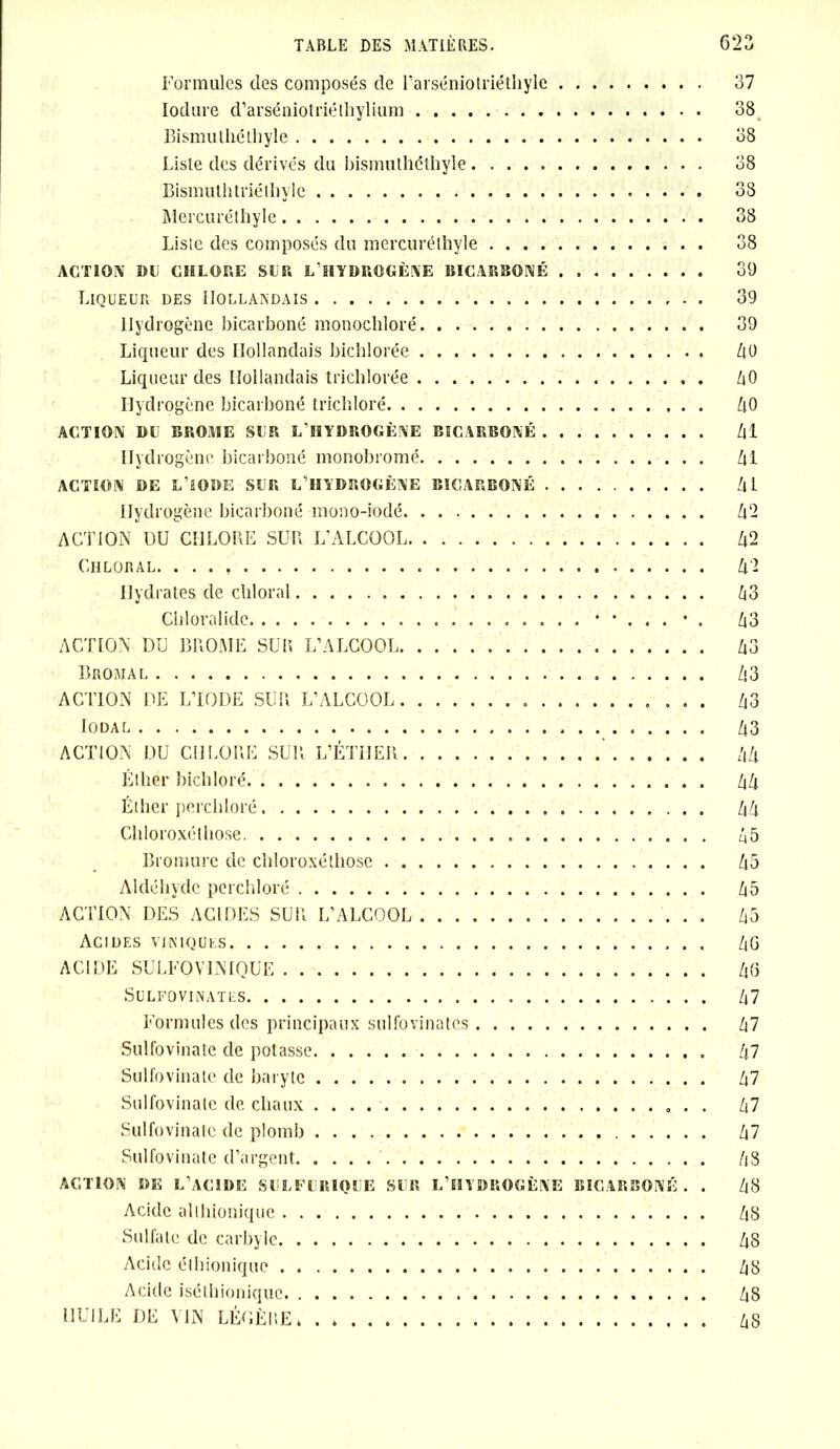 Formules des composés de Farséniolriétliyle Iodure d’arséniotriéthylium Bismuthéthyle Liste des dérivés du bismuthéthyle Bismuthtriéthylc Mercuréthyle Liste des composés du mercuréthyle ACTION DU CHLORE SUR L'HYDROGÈNE BICARBONÉ Liqueur des Hollandais Hydrogène bicarboné monochloré Liqueur des Hollandais bichlorée Liqueur des Hollandais trichlorée Hydrogène bicarboné trichloré ACTION DU BROME SUR L’HYDROGÈNE BICARBONÉ Hydrogène bicarboné monobromé ACTION DE L’IODE SUR L'HYDROGÈNE BICARBONÉ Hydro gène bicarboné mono-iodé ACTION DU CHLORE SUE L'ALCOOL Ciiloral. Hydrates de cbloral Ciiloralide • * . . . • . ACTION DU BROME SU b L’ALCOOL Bromal ACTION DE L’IODE SUR L’ALCOOL lODAL ACTION DU Cil LOBE SUB L’ÉTHEB Éther bicliloré Éther percbloré Chloroxétbose Bromure de ciiloroxétliose Aldéhyde percbloré ACTION DES ACIDES SUB L’ALCOOL Acides yiniques ACIDE StJLFOVINIQUE SULFOVINATLS Formules des principaux sulfovinates Sulfovinate de potasse Sulfovinale de baryte Sulfovinate de cliatix . . Sulfovinale de plomb Sulfovinate d’argent ACTION DE L’ACIDE SULFURIQUE SUR L'HYDROGÈNE BICARBONÉ. . Acide alihionique Sulfate de carbylc Acide élliionique Acide iséthionique HUILE DE VIN LÉGÈBE 37 38 38 38 38 38 38 39 39 39 AO AO AO Al Al Al A2 A2 A'2 A3 A3 A3 A3 A3 A3 AA AA AA A5 A 5 A5 A5 AG A3 A 7 A7 A7 A7 A7 A7 A3 AS A8 A8 A8 A8 AS