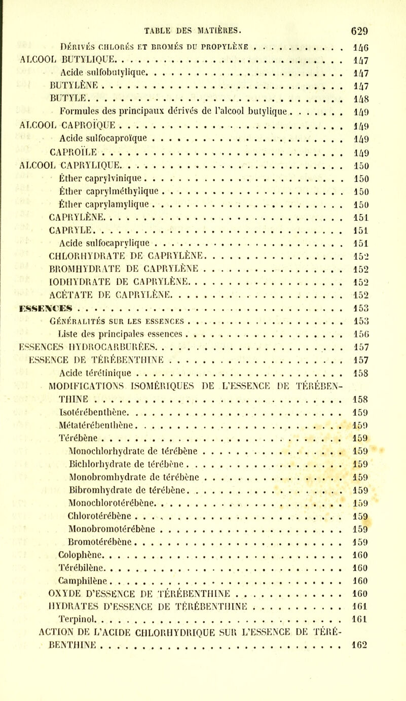 Dérivés chlorés et bromés du propylène ALCOOL BUTYLIQUE Acide siilfobutyliqiie BUTYLÈNE BUTYLE Formules des principaux dérivés de l’alcool butylique ALCOOL CAPROÏQUE Acide sulfocaproïque CAPROÏLE ALCOOL CAPRYLIQUE Éther caprylvinique Éther caprylméthylique Éther caprylamylique CAPRYLÈNE CAPRYLE Acide sulfocaprylique CHLORHYDRATE DE CAPRYLÈNE BROMHYDRATE DE CAPRYLÈNE IODHYDRATE DE CAPRYLÈNE ACÉTATE DE CAPRYLÈNE ESSENCES Généralités sur les essences Liste des principales essences ESSENCES 11YDROCARBITRÉES . . ESSENCE DE TÉRÉBENTHINE Acide térétinique MODIFICATIONS ISOMÉRIQUES DE L’ESSENCE DE TÉRÉBEN- THINE ïsotérébenlhène Métatérébenlhène Térébène Monochlorhydrate de térébène Bichlorhydrate de térébène Monobromhydrate de térébène Bibromhydrate de térébène Monochlorotérébène Chlorotérébène . . . , Monobromotérébène Bromotérébène Colophène Térébilène Camphilène OXYDE D’ESSENCE DE TÉRÉBENTHINE . . HYDRATES D’ESSENCE DE TÉRÉBENTHINE Terpinol ACTION DE L’ACIDE CHLORHYDRIQUE SUR L’ESSENCE DE BENTHINE TERÉ- 146 147 147 147 148 149 149 149 149 150 150 150 150 151 151 151 15 '2 152 152 152 153 153 156 157 157 158 158 159 159 159 159 159 159 159 159 159 159 159 160 160 160 160 161 161 162