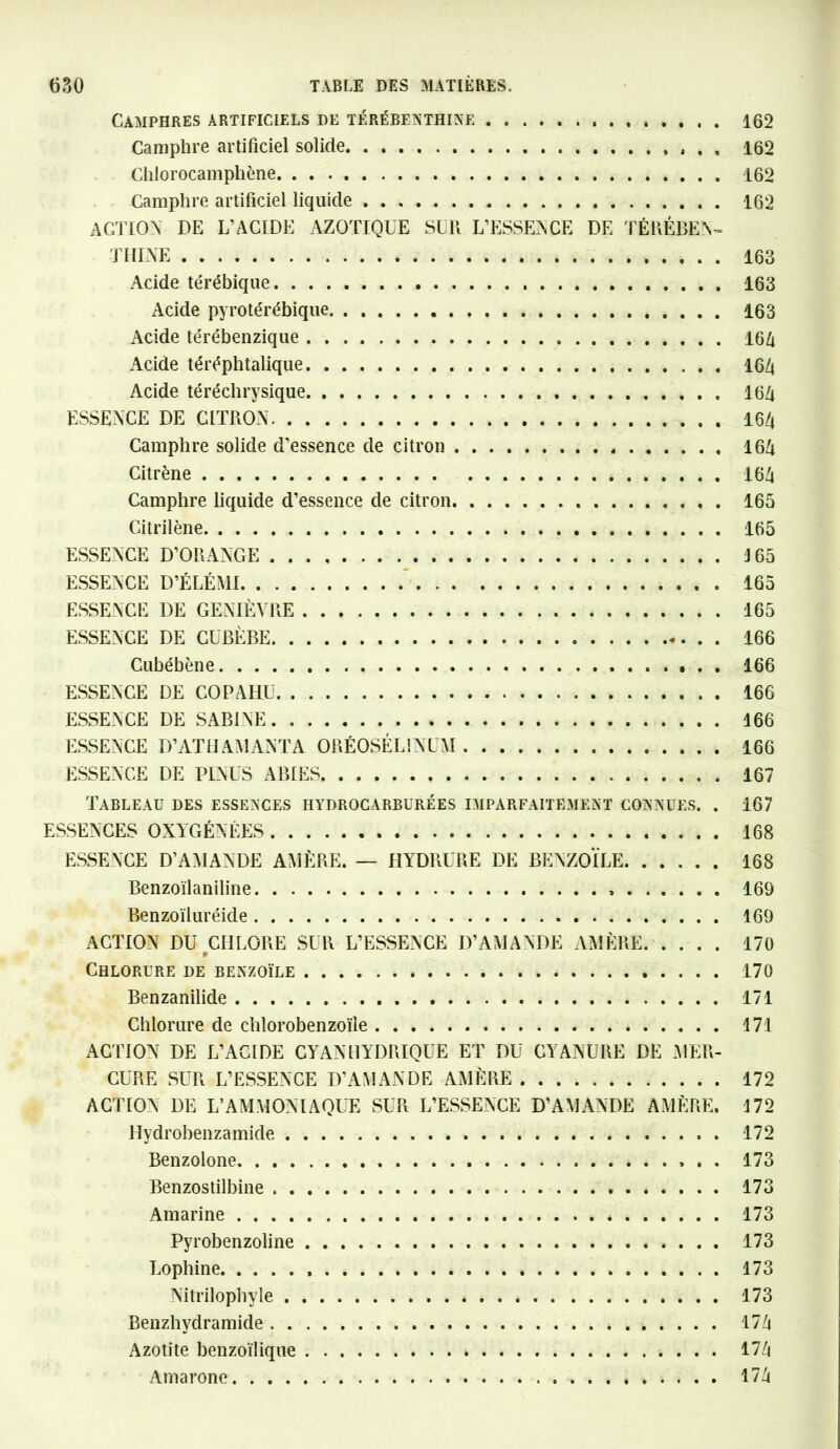 Camphres artificiels de térébenthine 162 Camphre artificiel solide , . , 162 Chlorocamphène 162 Camphre artificiel liquide 162 ACTION DE L’ACIDE AZOTIQUE SUR L’ESSENCE DE TÉRÉBEN- THINE ..... 163 Acide térébique 163 Acide pyrotérébique 163 Acide térébenzique 16A Acide tér^phtalique 164 Acide téréchrysique 164 ESSENCE DE CITRON 164 Camphre solide d'essence de citron . 164 Citrène 164 Camphre liquide d’essence de citron 165 Citrilène 165 ESSENCE D’ORANGE 165 ESSENCE D’ÉLÉMI 165 ESSENCE DE GENIÈVRE 165 ESSENCE DE CUBËBE 166 Cubébène 166 ESSENCE DE COPAHU 166 ESSENCE DE SABINE 166 ESSENCE D’ATI! AMANT A ORÉOSÉL1NUM 166 ESSENCE DE PINUS AIRES 167 Tableau des essences hydrocarbürées imparfaitement connues. . 167 ESSENCES OXYGÉNÉES 168 ESSENCE D’AMANDE AMÈRE. — HYDRURE DE BENZOÏLE 168 Benzoïlaniline . 169 Benzoïluréide 169 ACTION DU CIILORE SUR L’ESSENCE D’AMANDE AMÈRE 170 Chlorure de benzoïle 170 Benzanilide 171 Chlorure de chlorobenzoïle 171 ACTION DE L’ACIDE CYANHYDRIQUE ET DU CYANURE DE .MER- CURE SUR L’ESSENCE D’AMANDE AMÈRE 172 ACTION DE L’AMMONIAQUE SUR L’ESSENCE D’AMANDE AMÈRE. 172 Hydrobenzamide 172 Benzolone 173 Benzostilbine 173 Amariné 173 Pyrobenzoline 173 Lophine 173 Nitrilophyle 173 Benzhydramide 174 Azotite benzoïlique 174 Amarone 174