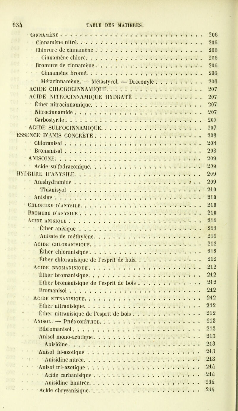 CINNAMÈNE » 206 Cinnamène nitré 206 Chlorure de cinnamène 206 Cinnaniène chloré 206 Bromure de cinnaniène 206 Cinnamène brome 206 Métacinnamène. — Métaslyrol. — Draconyle 206 ACIDE CHlAmOClNNAMlQÜE 207 ACIDE NITROCINNAMIOUE HYDRATÉ 207 Éther nitrocinnamique 207 Nitrocinnamide * . . . 207 Carbostyrile 207 ACIDE SULFOCINNAMIQUE 207 ESSENCE D’ANIS CONCRÈTE 208 Chloranisal » , . 208 Bromanisal 208 ANISOINE 209 Acide sulfodraconique 209 HYDRURE D’ANYSILE 209 Anishydramide . t . . 209 Thianisyol 210 Anisine 210 Chlorure d'anysile 210 Bromure d’anysile 210 Acide anisique 211 Éther anisique 211 Anisate de méthylène « 211 Acide ciiloranisique 212 Éther ciiloranisique 212 Éther ciiloranisique de l’esprit de bois 212 Acide bromanisique 212 Éther bromanisique 212 Éther bromanisique de l’esprit de bois 212 Bromanisol 212 Acide nitranisique 212 Éther nitranisique 212 Éther nitranisique de l’esprit de bois 212 Anisol. — Phénométhol 213 Bi bromanisol 213 Anisol mono-azotique 213 Anisidine 213 Anisol bi-azotique 213 Anisidine nitrée • 213 Anisol tri-azotique 214 Acide carbanisique 214 Anisidine binitrée 214 Acide chryvSanisiquc 214