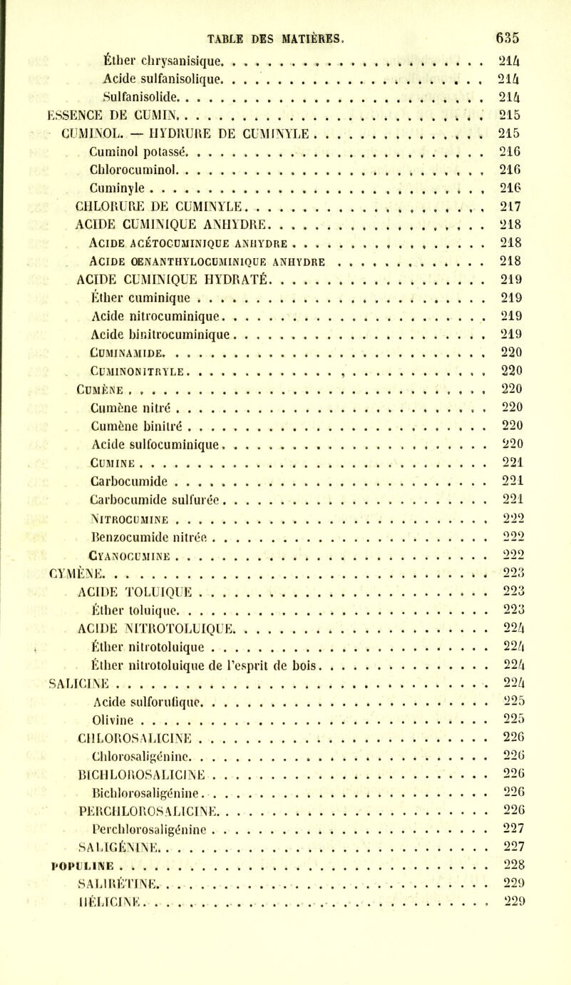 Éther chrysanisique. . . 214 Acide sulfanisolique. * 214 Sulfanisolide 214 ESSENCE DE CUMIN 215 CU MINOU. — IIY DRU RE DE CUMINYLE 215 Cuminol polassé, 216 Chlorocuminol 216 Cuminyle ,,,,,,,,, 216 CHLORURE DE CUMINYLE. . . . 217 ACIDE CUMINIQUE ANHYDRE 218 Acide acétocuminique anhydre 218 Acide oenanthylocüminique anhydre 218 ACIDE CUMINIQUE HYDRATÉ 219 Éther cuminique * 219 Acide nitrocuminique 219 Acide binitrocuminique 219 Cüminamide 220 CUMINONITRYLE » 220 Cumène 220 Cumène nitré . 220 Cumène binitré 220 Acide sulfocuminique 220 Cum in e 221 Carbocumide 221 Carbocumide sulfurée 221 Nitrocumine 222 Benzocumide nitrée 222 Cyanocujiine 222 CYMÈNE 223 ACIDE TOLUIQUE 223 Éther toluique 223 ACIDE NITROTOLUIQUE 224 Éther nitrotoluique 224 Éther nitrotoluique de l’esprit de bois. *....* 224 SALICINE 224 Acide su lfo ru tique 225 Olivine 225 CHLOROSALICINE 226 Chlorosaligéninc 226 BICH LO ROS A LICIN E 226 Bichlorosaligénine . 226 PERCH LOROS ALICINE 226 Perchlorosaligénine 227 SALIGÉNINE 227 POPIILINE 228 S ALI RÉTINE 229 HÉLTCINE 229