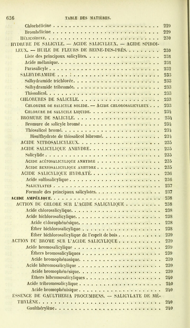 Chlorliélicine 229 Bromliélicine 229 IJÉLICOÏDINE 230 HYDRURE DE SALICYLE. — ACIDE SALICYLEUX. — ACIDE SPIROI- LEUX. — HUILE DE FLEURS DE REINE-DES-PRÉS, 230 Lisle des principaux salicylites 231 Acide mélanique 231 Parasalicyle 232 SALHYDRAMIDE ... : 233 Salhydramide tricblorée 233 SaJhydramide tribromée 233 Thiosalicol 233 CHLORURES DE SALICYLE 233 Chlorure de salicyle solide. — Acide chlorosalicyleux . . . 233 Chlorure de salycile liquide 234 BROMURE DE SALICYLE 234 Bromure de salicyle bromé 234 Thiosalicol bromé 234 Bisulfhydrate de thiosalicol bibromé 234 ACIDE NITROSALICYLEUX 235 ACIDE SAL1CYLIQUE ANHYDRE 235 Salicylide 235 Acide acétosalicylique anhydre 235 Acide benzosalicyliqüe anhydre 235 ACIDE SALICYLIQUÈ HYDRATÉ 236 Acide sulfosalicylique 236 Salicylates 237 Formule des principaux salicylates 237 ACIDE AAIPÉLIOIE 238 ACTION DU CHLORE SUR L’ACIDE SALICYLIQUE 238 Acide chlorosalicylique 238 Acide bichlorosalicylique 238 Acide chlorophénésique 238 Éther bichlorosalicylique 238 Éther bichlorosalicylique de l’esprit de bois 239 ACTION DU BROME SUR L’ACIDE SALICYLIQUE 239 Acide bromosalicylique . 239 Éthers bromosalicyliques 239 Acide bromophénasique 239 Acide bibromosalicylique 239 Acide bromophénésique 239 Éthers bibromosalicyliques 240 Acide tribromosalicylique 240 Acide bromophénisique 240 ESSENCE DE GAULTHERIA PROCUMBENS. — SALICYLATE DE MÉ- THYLÈNE 240 Gaulthérylène 240