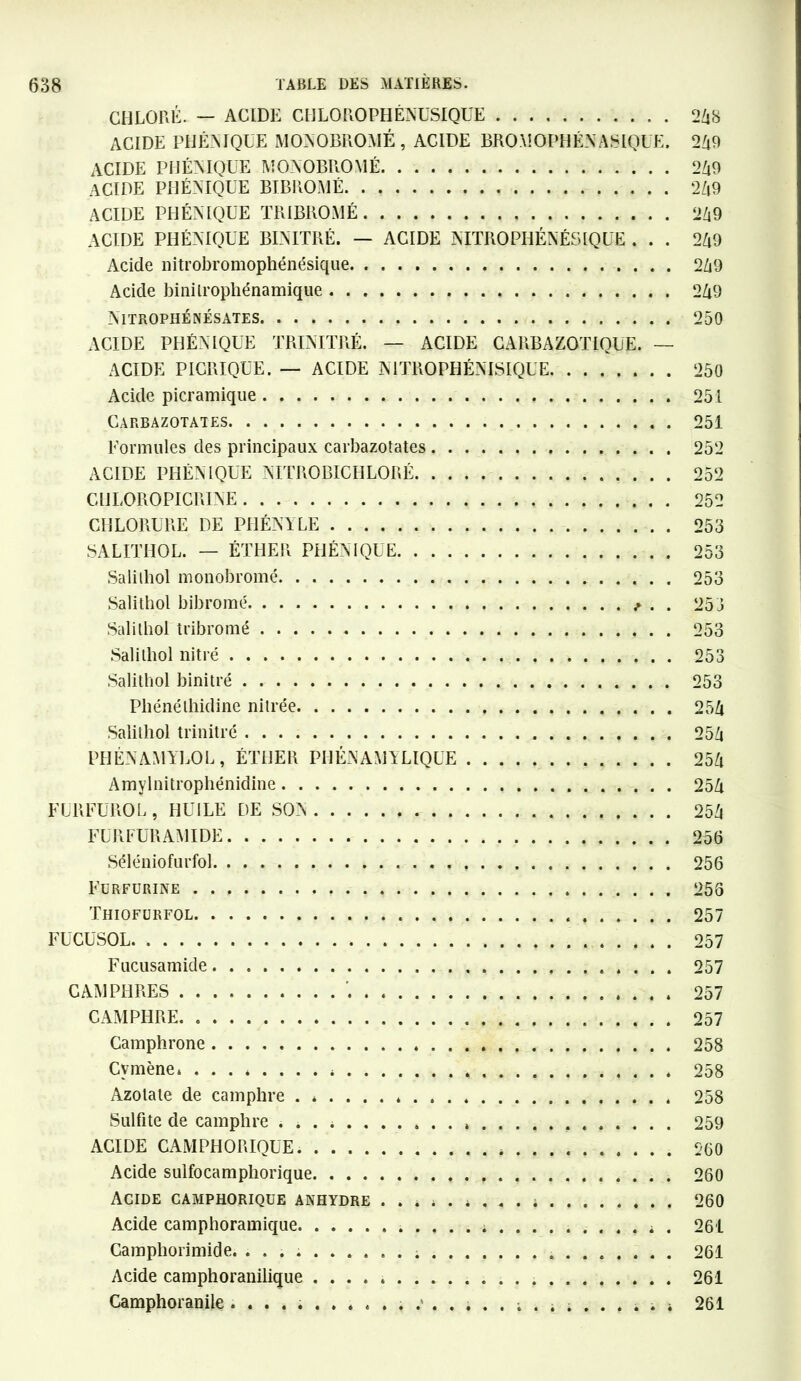 CHLORÉ. — ACIDE CHLOROPHÈNUSIQUE 248 ACIDE PUÉMQUE MONOBROMÉ , ACIDE BROMOPHÉNASIQUE. 2^9 ACIDE PUÉMQUE MONOBROMÉ 2Zi9 ACIDE PHÉNIQUE BIBROMÉ 249 ACIDE PHÉNIQUE TRIBROMÉ 2Zi9 ACIDE PHÉNIQUE BIMTRÉ. — ACIDE NITROPHÉNÉSIQUE ... 249 Acide nitrobromophénésique 249 Acide binilrophénamique 2Zt9 Nitrophénésates 250 ACIDE PHÉNIQUE TRINITRÉ. — ACIDE CARBAZQTIQUE. — ACIDE PICRIQUE. — ACIDE N1TROPHÉNISIQUE 250 Acide picramique 251 Carbâzotates 251 Formules des principaux carbazotates 252 ACIDE PHÉNIQUE MTROBICHLORÉ 252 CULOKOPICRINE 252 CHLORURE DE PHÉNYLE 253 SALITHOL. — ÉTHER PHÉNIQUE 253 Salilhol monobromé 253 Salithol bibromé . . 253 Salilhol tribromé 253 Salithol nitré 253 Salithol binitré 253 Pliénélhidine nitrée 254 Salilhol trinitré 254 PHÉNAMYLOL, ÉTHER PHÉNAMYLIQUE 254 Amylnitrophénidine 254 FURFUROL , HUILE DE SON 254 FURFURAMIDE 256 Séléniofurfol 256 Fdrfurine , 253 Thiofurfol 257 FUCUSOL 257 Fucusamide 257 CAMPHRES '. 257 CAMPHRE 257 Camphrone 258 Cvmène. 258 Azotate de camphre . * 258 Sulfite de camphre ^ » 259 ACIDE CAMPHORIQUE. 260 Acide sulfocamphorique 260 Acide camphorique anhydre 260 Acide camphoramique ; . . . i . 261 Camphorimide. 261 Acide camphoranilique 261 Camphoranile .» ........ 4 261