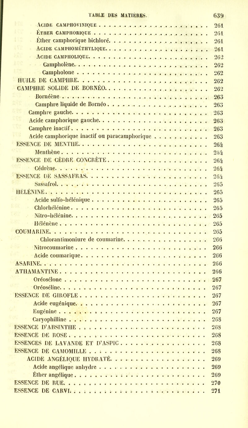 Acide camphovinique 261 Éther camphorique 261 Éther camphorique bichloré 261 Acide camphométhylique 261 Acide campholique 262 Gampholène 262 Gampholone 262 HUILE DE CAMPHRE 262 CAMPHRE SOLIDE DE BORNÉO 262 Bornéène 263 Camphre liquide de Bornéo 263 Camphre gauche 263 Acide camphorique gauche 263 Camphre inactif 263 Acide camphorique inactif ou paracamphorique 263 ESSENCE DE MENTHE 26/t Menthène 26/t ESSENCE DE CÈDRE CONCRÈTE 26/t Cédrène 26/t ESSENCE DE SASSAFRAS 26/t Sassafrol 265 HÉ LÉNINE 265 Acide sulfo-hélénique 265 Chlorhélénine 265 Nitro-liélénine 265 Hélénène 265 COUMAR1NE 265 Chloranlimoniure de coumarine 266 Nitrocoumarine 266 Acide coumarique 266 ASARINE 266 ATHAMANTINE 266 Oréosélone 267 Oréoséline 267 ESSENCE DE GIROFLE 267 Acide eugénique 267 Eugénine » 267 Caryophilline * 268 ESSENCE D’ABSINTHE 268 ESSENCË DE ROSE .....; 268 ESSENCES DE LAVANDE ET D’ASPIC 268 Essence de camomille . . ; 268 ACIDE ANGÉLIQUE HYDRATÉ 269 Acide angélique anhydre 269 Éther angélique 269 ESSENCE DE RUE 270 ESSENCE DE CARVI. 271