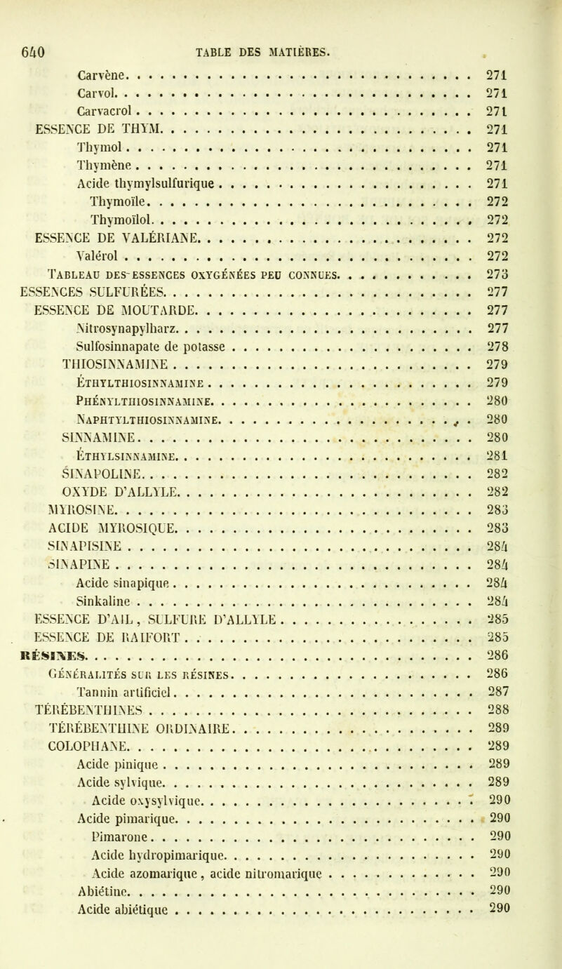Carvène 271 Carvol 271 Carvacrol 271 ESSENCE DE THYM 271 Thymol 271 Thymène 271 Acide thymylsulfurique 271 Thymoïle 272 Thymoïlol 272 ESSENCE DE VALÉRIANE 272 Valérol 272 Tableau des-essences oxygénées peu connues 273 ESSENCES SULFURÉES 277 ESSENCE DE MOUTARDE 277 Nitrosynapylharz 277 Sulfosinnapate de potasse 278 THIOSINN AMINE 279 Éthylthiosinnamine 279 Phénylthiosinnamine 280 Naphtylthiosinnamine v . 280 SINN AMINE 280 Éthylsinnamine 281 SÏNAPOLINE 282 OXYDE D’ALLYLE 282 MYROSINE 283 ACIDE MYROSIQUE 283 SINAPISINE 284 S1NAPINE 284 Acide sinapique 284 Sinkaline 284 ESSENCE D’AIL , SULFURE D’ALLYLE 285 ESSENCE DE RAIFORT 285 RESTES 286 Généralités sur les résines 286 Tannin artificiel 287 TÉRÉBENTHINES 288 TÉRÉBENTHINE ORDINAIRE 289 COLOPHANE 289 Acide pinique . 289 Acide sylviqne 289 Acide oxysylvique 290 Acide pimarique 290 Pimarone 290 Acide hydropimarique 290 Acide azomarique , acide nilromarique 290 Abiétine 290 Acide abiétique 290