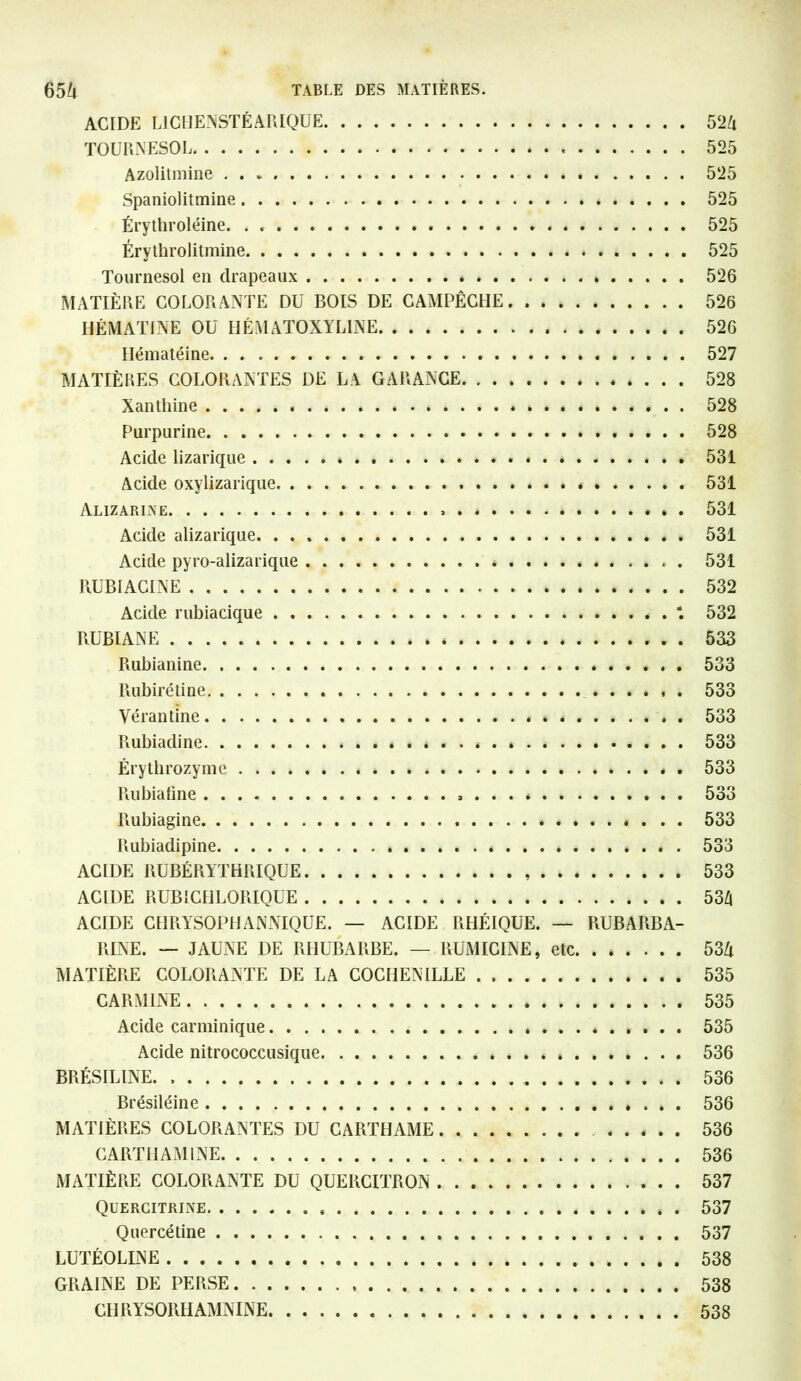 ACIDE L1C H ENSTÉ ARIQU E 524 TOURNESOL 525 Azolitmine 525 Spaniolitmine 525 Érythroléine. . 525 Érythrolitmine * 525 Tournesol en drapeaux 526 MATIÈRE COLORANTE DU BOIS DE CAMPÊCHE 526 HÉMAT1NE OU HÉMATOXYLINE 526 Hématéine 527 MATIÈRES COLORANTES DE LA GARANCE 528 Xanthine 528 Purpurine 528 Acide lizarique 531 Acide oxylizarique * . . * 531 Alizarine 531 Acide alizarique * 531 Acide pyro-alizarique * 531 RUBIACINE 532 Acide rubiacique 1 532 RUBIANE 533 Rubianine 533 Rubirétine 533 Vérantine « . « 533 Rubiadine 4 533 Érythrozyme 533 Rubiatine . . . « 533 Rubiagine 533 Rubiadipine 533 ACIDE RUBÉRYTHRIQUE 533 ACIDE RUBICHLORIQUE 534 ACIDE CHRYSOPHANNIQUE. — ACIDE RHÉIQUE. — RUBARBA- RINE. — JAUNE DE RHUBARBE. — RUMICINE, etc 534 MATIÈRE COLORANTE DE LA COCHENILLE 535 CARMINE 535 Acide carminique 535 Acide nitrococcusique 536 BRÉSILINE. 536 Brésiléine 536 MATIÈRES COLORANTES DU CARTHAME 536 CARTHAMINE 536 MATIÈRE COLORANTE DU QUERCITRON 537 Quercitrine 537 Quercétine 537 LUTÉOLINE 538 GRAINE DE PERSE 538 CH RYSORIl AMNINE 538