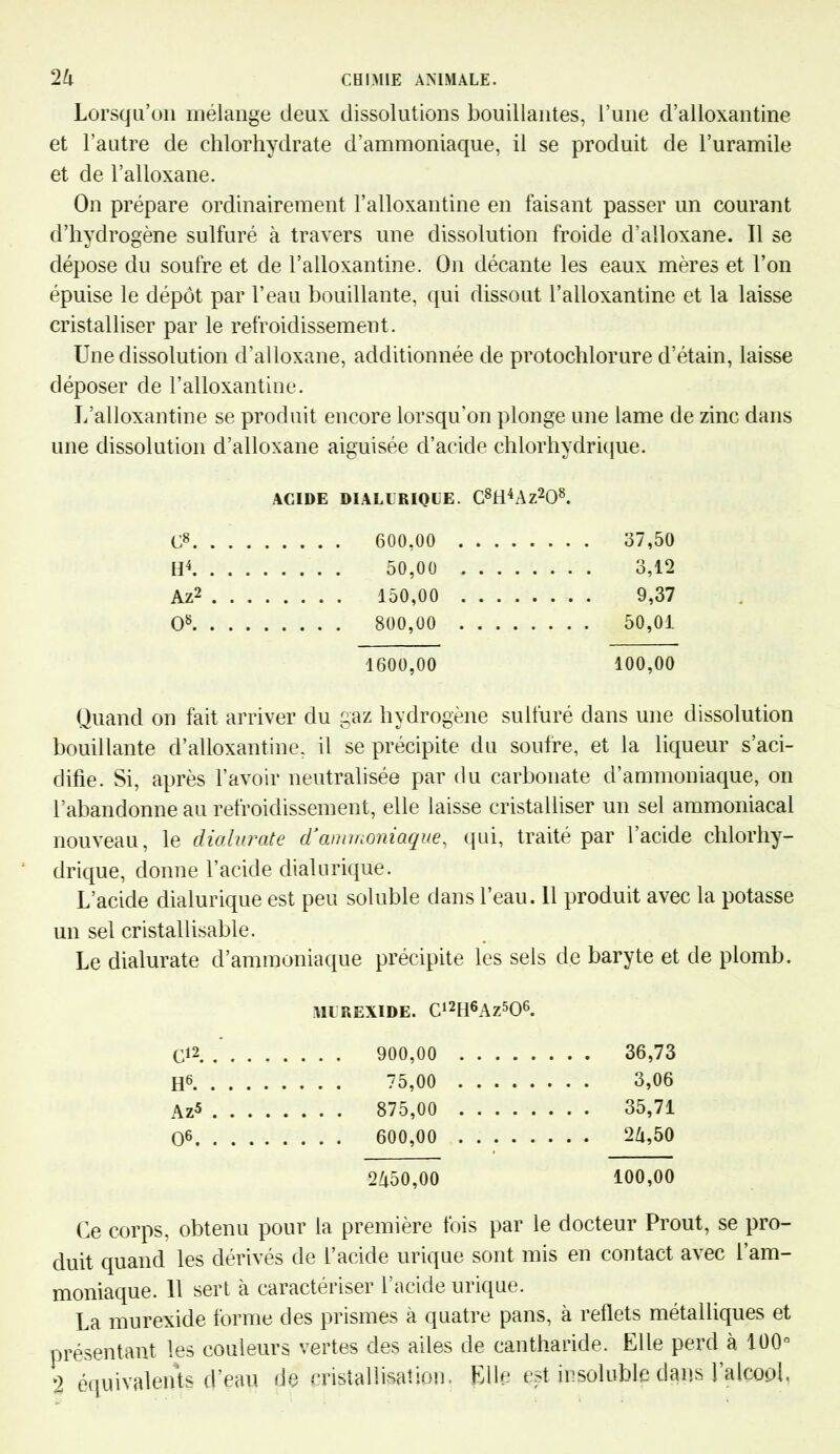 Lorsqu’on mélange deux dissolutions bouillantes, l’une d’alloxantine et l’autre de chlorhydrate d’ammoniaque, il se produit de l’uramile et de l’alloxane. On prépare ordinairement l’alloxantine en faisant passer un courant d’hydrogène sulfuré à travers une dissolution froide d’ailoxane. Il se dépose du soufre et de l’alloxantine. O11 décante les eaux mères et l’on épuise le dépôt par l’eau bouillante, qui dissout l’alloxantine et la laisse cristalliser par le refroidissement. Une dissolution d’ailoxane, additionnée de protochlorure d’étain, laisse déposer de l’alloxantine. L’alloxantine se produit encore lorsqu'on plonge une lame de zinc dans une dissolution d’alloxane aiguisée d’acide chlorhydrique. ACIDE DIALERIQUE. C8H4Az208. c8 . . . . 600.00 .... . . . . 37,50 H4 . . . . 50,00 . . . . . . . . 3,12 Az2 .... . . . . 150,00 .... . . . . 9,37 O8 . . . . 800,00 .... . . . . 50,01 1600,00 100,00 Quand on fait arriver du gaz hydrogène sulfuré dans une dissolution bouillante d’alloxantine, il se précipite du soufre, et la liqueur s’aci- difie. Si, après l’avoir neutralisée par du carbonate d’ammoniaque, on l’abandonne au refroidissement, elle laisse cristalliser un sel ammoniacal nouveau, le dialurate d'ammoniaque, qui, traité par 1 acide chlorhy- drique, donne l’acide dial urique. L’acide dialurique est peu soluble dans l’eau. 11 produit avec la potasse un sel cristallisable. Le dialurate d’ammoniaque précipite les sels de baryte et de plomb. UUREXIDE. C12H6AZ506. C12 . . . . 900,00 .... . . . . 36,73 H6 75,00 .... . . . . 3,06 Az5 . . . . , . . . . 875,00 .... . . . . 35,71 O6 . . . . 600,00 .... . . . . 24,50 2450,00 100,00 Ce corps, obtenu pour la première fois par le docteur Prout, se pro- duit quand les dérivés de l’acide urique sont mis en contact avec l’am- moniaque. 11 sert à caractériser 1 acide uiique. La murexide forme des prismes à quatre pans, à reflets métalliques et présentant les couleurs vertes des ailes de cantharide. Elle perd à 100° *2 équivalents d’eau de cristallisation. Elle est insoluble dans l’alcool,