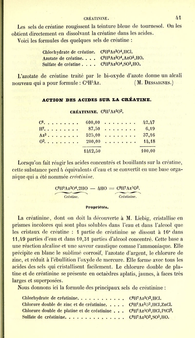 Les sels de créatine rougissent la teinture bleue de tournesol. On les obtient directement en dissolvant la créatine dans les acides. Voici les formules des quelques sels de créatine : Chlorhydrate de créatine. C8H9Az304,HCl. Azotate de créatine. . . . C8H9Az304,Az05,H0. Sulfate de créatine .... C8fl9Az304,S03,H0. L’azotate de créatine traité par le bi-oxyde d’azote donne un alcali nouveau qui a pour formule : C6H5Az. ( M. Dessaignes.) ACTION DES ACIDES SUR LA CRÉATINE. CRÉATININE. C8H7Az302. C8 . . . . 600,00 .... . . . . 42,47 H7 , . . . 87,50 .... . . . . 6,19 Az3 , . . . 525,00 .... . . . . 37,16 O2 , . . . 200,00 .... . . . . 14,18 1A12,50 100,00 Lorsqu’on fait réagir les acides concentrés et bouillants sur la créatine, cette substance perd 4 équivalents d’eau et se convertit en une base orga- nique qui a été nommée créatinine. C8H9Az304,2ll0 — 4HO = C8H7Az302. Créatine. Créatinine. Propriétés. La créatinine, dont on doit la découverte à M. Liebig, cristallise en prismes incolores qui sont plus solubles dans l’eau et dans l’alcool que les cristaux de créatine : 1 partie de créatinine se dissout à 16° dans 11,fi9 parties d’eau et dans 10,31 parties d’alcool concentré. Cette base a une réaction alcaline et une saveur caustique comme l’ammoniaque. Elle précipite en blanc le sublimé corrosif, l’azotate d’argent, le chlorure de zinc, et réduit à l’ébullition l’oxyde de mercure. Elle forme avec tous les acides des sels qui cristallisent facilement. Le chlorure double de pla- tine et de créatinine se présente en octaèdres aplatis, jaunes, à faces très larges et superposées. Nous donnons ici la formule des principaux sels de créatinine : Chlorhydrate de créatinine C8H7Az302,HCl. Chlorure double de zinc et de créatinine C8H7Az302,HCI,ZnCl. Chlorure double de platine et de créatinine . . . G8H7Az302,lICl,PtCl2. Sulfate de créatinine C8ll7Az302,S03,H0.