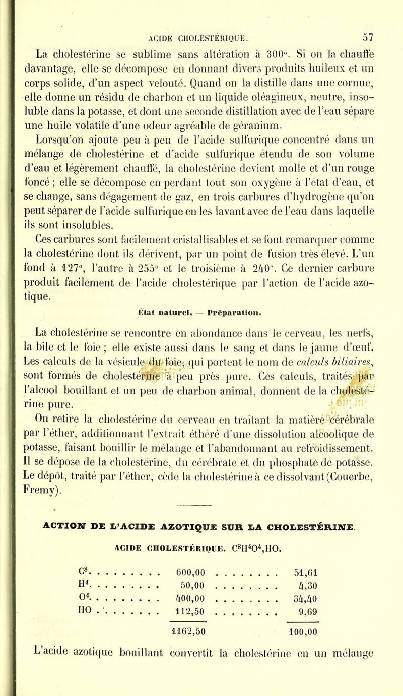 La cholestérine se sublime sans altération à 500°. Si on la chauffe davantage, elle se décompose en donnant divers produits huileux et un corps solide, d’un aspect velouté. Quand on la distille dans une cornue, elle donne un résidu de charbon et un liquide oléagineux, neutre, inso- luble dans la potasse, et dont une seconde distillation avec de l’eau sépare une huile volatile d’une odeur agréable de géranium. Lorsqu’on ajoute peu à peu de l’acide sulfurique concentré dans un mélange de cholestérine et d’acide sulfurique étendu de son volume d’eau et légèrement chauffe, la cholestérine devient molle et d’un rouge foncé ; elle se décompose en perdant tout son oxygène à l’état d’eau, et se change, sans dégagement de gaz, en trois carbures d’hydrogène qu’on peut séparer de l’acide sulfurique en les lavant avec de l’eau dans laquelle ils sont insolubles. Ces carbures sont facilement cristallisables et se font remarquer comme la cholestérine dont ils dérivent, par un point de fusion très élevé. L’un fond à 127°, l’autre à 255° et le troisième à 240. Ce dernier carbure produit facilement de l’acide cholestérique par l’action de l’acide azo- tique. Étal naturel. — Préparation. La cholestérine se rencontre en abondance dans le cerveau, les nerfs, la bile et le foie ; elle existe aussi dans le sang et dans le jaune d’œuf. Les calculs de la vésicule du* foie- qui portent le nom de calculs biliaires, sont formés de cholestérine à peu près pure. Ces calculs, traités par l’alcool bouillant et un peu de charbon animal, donnent de la cholesté- rine pure. On retire la cholestérine du cerveau en traitant la matière cérébrale par l’éther, additionnant l’extrait éthéré d’une dissolution alcoolique de potasse, faisant bouillir ie mélange et l’abandonnant au refroidissement. Il se dépose de la cholestérine, du cérébrate et du phosphate de potasse. Le dépôt, traité par l’éther, cède la cholestérine à ce dissolvant (Couerbe, Fremy). ACTION DE L’ACIDE AZOTIQUE SUR LA CHOLESTÉRINE. ACIDE CHOLESTÉRIQUE. C8f:l404,H0. c» . . . . 51,61 H4 Zi.30 O4 IIO . . 1162,50 100,00 L’acide azotique bouillant convertit la cholestérine en un mélange