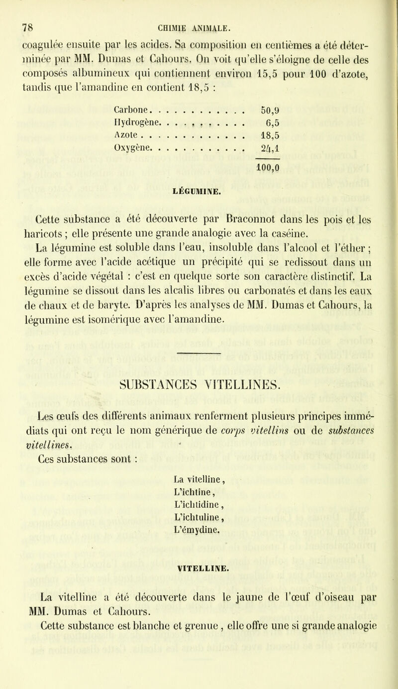 coagulée ensuite par les acides. Sa composition en centièmes a été déter- minée par MM. Dumas et Cahours. On voit qu’elle s’éloigne de celle des composés albumineux qui contiennent environ tandis que l’amandine en contient 18,5 : 15,5 pour 100 d’azote, Carbone 50,9 Hydrogène 6,5 Azote 18,5 Oxygène 2/i,l 100,0 LÉGUMINE. Cette substance a été découverte par Braconnot dans les pois et les haricots ; elle présente une grande analogie avec la caséine. La légumine est soluble dans l’eau, insoluble dans l’alcool et l’éther ; elle forme avec l’acide acétique un précipité qui se redissout dans un excès d’acide végétal : c’est en quelque sorte son caractère distinctif. La légumine se dissout dans les alcalis libres ou carbonatés et dans les eaux de chaux et de baryte. D’après les analyses de MM. Dumas et Cahours, la légumine est isomérique avec l’amandine. SUBSTANCES VITELLINES. Les œufs des différents animaux renferment plusieurs principes immé- diats qui ont reçu le nom générique de corps vitellins ou de substances vitellines. Ces substances sont : La vitelline, L’ichtine, L’iclitidine, L’ichtuline, L’émydine. VITELLINE. La vitelline a été découverte dans le jaune de l’œuf d’oiseau par MM. Dumas et Cahours. Cette substance est blanche et grenue, elle offre une si grande analogie