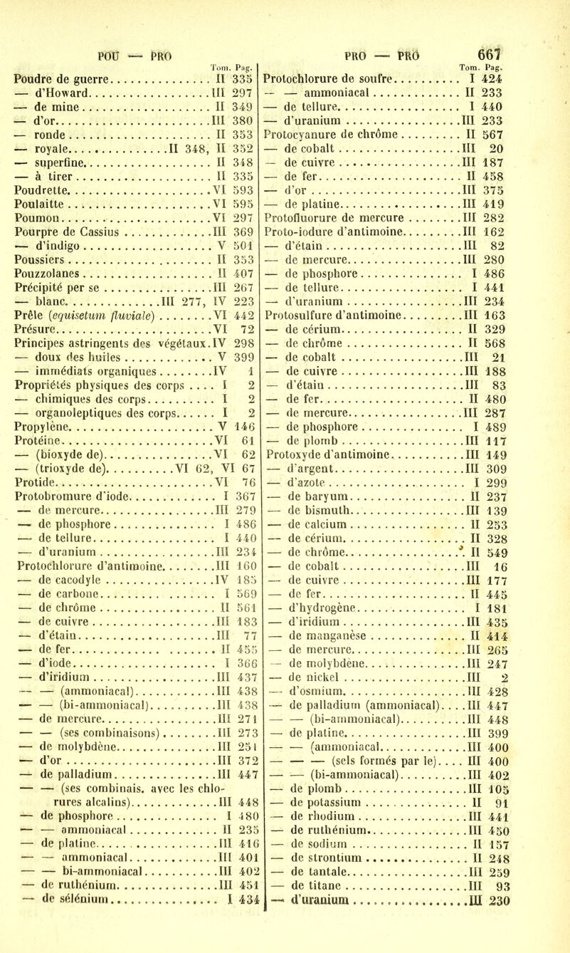 Tom. Pag. Poudre de guerre Il 335 — d’Howard III 297 — de miue II 349 — d’or III 380 — ronde II 353 — royale II 348, Il 352 — superfine II 348 — à tirer II 335 Poudrette .VI 593 Poulaitte VI 595 Poumon VI 297 Pourpre de Cassius III 369 — d’indigo V 501 Poussiers II 353 Pouzzolanes Il 407 Précipité per se III 267 — blanc III 277, IV 223 Prêle (equisetum fluviale) VI 442 Présure .VI 72 Principes astringents des végétaux.IV 298 — doux des huiies V 399 — immédiats organiques IV 1 Propriétés physiques des corps .... I 2 •— chimiques des corps I 2 — organoleptiques des corps. I 2 Propylène V 146 Protéine VI 61 — (bioxyde de) VI 62 — (trioxyde de) VI 62, VI 67 Protide .VI 76 Protobromure d’iode I 367 — de mercure III 279 — de phosphore I 486 — de tellure I 440 — d’uranium III 234 Protochlorure d’antimoine III 160 •— de cacodyle IV 185 — de carbone I 569 — de chrome II 561 — de cuivre III 183 — d’étain III 77 — de fer II 455 — d’iode ï 366 — d’iridium III 437 — — (ammoniacal) III 438 — — (bi-ammoniacal) .111 438 — de mercure III 271 — — (ses combinaisons) III 273 — de molybdène III 251 ■— d’or III 372 — de palladium III 447 — — (ses combinais, avec les chlo- rures alcalins) 111 448 — de phosphore I 4 80 — — ammoniacal II 235 — de platine III 416 — — ammoniacal III 401 bi-ammoniacal III 402 — de ruthénium 111 451 — de sélénium I 434 Tom. Pag. Protochlorure de soufre I 424 -- — ammoniacal II 233 — de tellure I 440 — d’uranium III 233 Protocyanure de chrome II 567 — de cobalt III 20 — de cuivre .III 187 — de fer. II 458 — d’or III 375 — de platine III 419 Protofluorure de mercure III 282 Proto-iodure d’antimoine III 162 — d’étain III 82 — de mercure III 280 — de phosphore I 486 — de tellure I 441 — d’uranium III 234 Protosulfure d’antimoine III 163 — de cérium. II 329 — de chrome II 568 — de cobalt III 21 — de cuivre III 188 — d’étain III 83 — de fer II 480 — de mercure .III 287 — de phosphore I 489 — de plomb III 117 Protoxyde d’antimoine III 149 — d’argent III 309 — d’azote I 299 — de baryum. II 237 — de bismuth III 139 — de calcium II 253 — de cérium II 328 — de chrome II 549 — de cobalt III 16 — de cuivre III 177 — de fer II 445 — d’hydrogène. I 181 — d’iridium III 435 — de manganèse II 414 — de mercure. III 265 — de molybdène III 247 — de nickel III 2 — d’osmium III 428 — de palladium (ammoniacal). . . .III 447 — — (bi-ammoniacal) III 448 — de platine III 399 — — (ammoniacal III 400 — (sels formés par le). ... III 400 (bi-ammoniacal) III 402 — de plomb III 105 — de potassium II 91 — de rhodium III 441 — de ruthénium III 450 — de sodium II 157 — de strontium II 248 — de tantale III 259 — de titane III 93 —> d’uranium .III 230