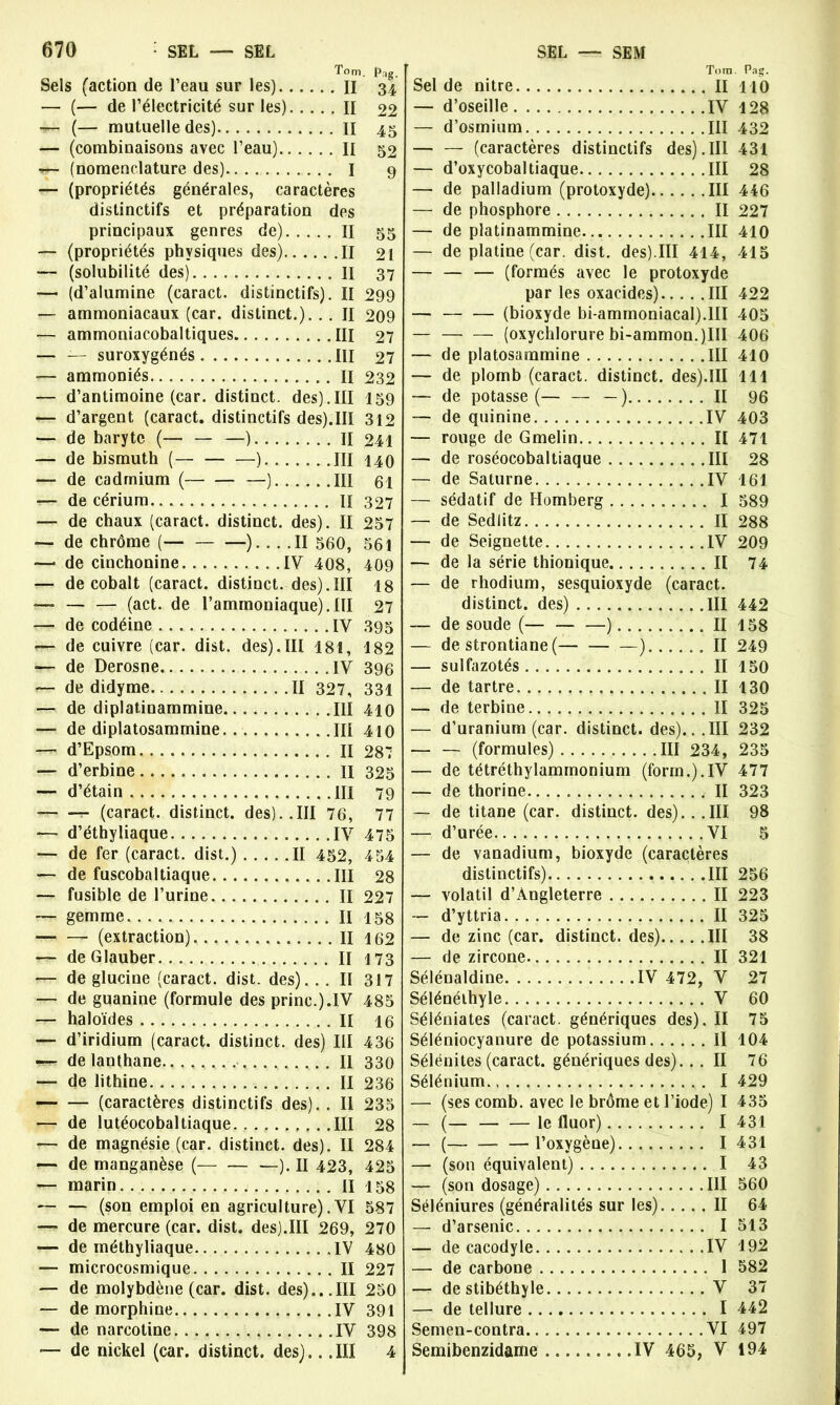 Sels (action de l’eau sur les) — (— de l’électricité sur les). . .. Tom . II • Pag- 34 . II 22 — (— mutuelle des) 45 — (combinaisons avec l’eau) . II 52 — (nomenclature des) 9 — (propriétés générales, caractères distinctifs et préparation des principaux genres de) II 55 — (propriétés physiques des) .11 21 — (solubilité des) . II 37 — (d’alumine (caract. distinctifs) . II 299 27 232 ammoniacaux (car. distinct.). . . II 209 ammoniacobaltiques III 27 — suroxygénés III ammoniés II d’antimoine (car. distinct, des).III 159 d’argent (caract. distinctifs des).III 312 de baryte (— — —) II 241 de bismuth (— — —) III 140 de cadmium (— — —) III de cérium Il de chaux (caract. distinct, des). II 257 de chrome ( ) II 560, 561 de cinchonine IV 408, de cobalt (caract. distinct, des).III — — (act. de l’ammoniaque).III de codéine IV de cuivre (car. dist. des).III 181, de Derosne IV de didyme II 327, de diplatinammine III 410 de diplatosammine. III 410 d’Epsom II 287 d’erbine II d’étain III — (caract. distinct, des)..III 76, 61 327 409 18 27 395 182 396 331 325 79 77 d’éthyliaque IV 475 — de fer (caract. dist.) II 452, 454 — de fuscobaltiaque III 28 — fusible de l’urine II 227 — gemme II 158 (extraction) II 162 — deGlauber II 173 — de glucine (caract. dist. des). .. Il 317 — de guanine (formule des princ.).IV 485 — haloïdes II 16 — d’iridium (caract. distinct, des) III 436 de lanthane .... Il 330 — de lithine II 236 (caractères distinctifs des). . Il 235 ■— de lutéocobaltiaque. III 28 — de magnésie (car. distinct, des). II 284 — de manganèse ( ). II 423, 425 — marin II 158 — — (son emploi en agriculture) .VI 587 — de mercure (car. dist. des).III 269, 270 — de méthyliaque IV 480 — microcosmique II 227 — de molybdène (car. dist. des)...III 250 — de morphine IV 391 —- de narcotine IV 398 — de nickel (car. distinct, des),. .III 4 Tom. Pag. Sel de nitre II HO — d’oseille IV 128 — d’osmium III 432 — — (caractères distinctifs des).III 431 — d’oxycobaltiaque III 28 — de palladium (protoxyde) III 446 — de phosphore II 227 — de platinammine III 410 — de platine (car. dist. des).III 414, 415 — — —• (formés avec le protoxyde par les oxacides) III 422 — (bioxyde bi-ammoniacal).HI 405 — (oxychlorure bi-ammon.)III 406 — de platosammine III 410 — de plomb (caract. distinct, des).III 111 — de potasse (— — — ) II 96 — de quinine IV 403 — rouge de Gmelin Il 471 — de roséocobaltiaque III 28 — de Saturne IV 161 — sédatif de Homberg I 589 — de Sedlitz II 288 — de Seignette IV 209 — de la série thionique II 74 — de rhodium, sesquioxyde (caract. distinct, des) III 442 — de soude ( ) II 158 — de strontiane( ). ..... II 249 — sulfazotés II 150 — de tartre II 130 — de terbine II 325 — d’uranium (car. distinct, des).. .III 232 — — (formules) III 234, 235 — de tétréthylammonium (form.).IV 477 — de thorine II 323 — de titane (car. distinct, des)...III 98 — d’urée VI 5 — de vanadium, bioxyde (caractères distinctifs) III 256 — volatil d’Angleterre II 223 — d’yttria II 325 — de zinc (car. distinct, des) III 38 — de zircone II 321 Sélénaldine IV 472, V 27 Sélénéthyle V 60 Séléniates (caract. génériques des). II 75 Séléniocyanure de potassium Il 104 Sélénites (caract. génériques des). .. II 76 Sélénium I 429 — (ses comb. avec le brôme et l’iode) I 435 — (— — — le fluor) I 431 — (— — — l’oxygène) 1431 — (son équivalent) I 43 — (son dosage) III 560 Séléniures (généralités sur les) II 64 — d’arsenic I 513 — de cacodyle IV 192 — de carbone 1 582 — de stibéthyle V 37 — de tellure I 442 Semen-contra VI 497 Semibenzidame IV 465, V 194