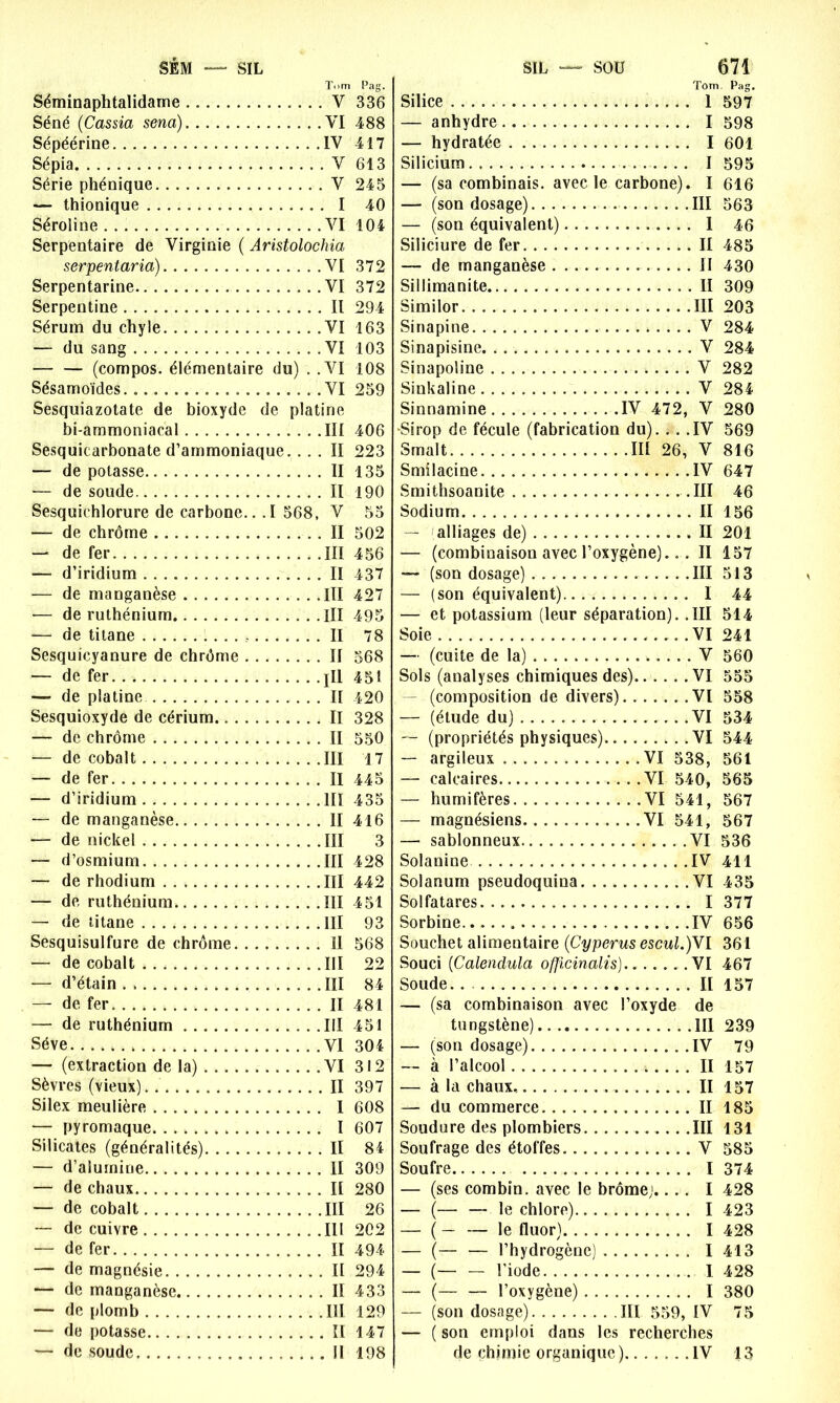 SÉM — SIL Tnm Séminaphtalidame .. V Séné (Cassia sena) VI Sépéérine IV Sépia V Série phénique V — thionique I Séroline VI Serpentaire de Virginie ( Aristolochia serpentaria) VI Serpentarine VI Serpentine Il Sérum du chyle VI — du sang VI (compos. élémentaire du) . .VI Sésamoïdes VI Sesquiazotate de bioxyde de platine bi-ammoniacal III Sesquicarbonate d’ammoniaque. ... II — de potasse II — de soude II Sesquichlorure de carbone.. .1 568, V — de chrôme II — de fer III — d’iridium II — de manganèse III — de ruthénium III — de titane II Sesquicyanure de chrême II — de fer jll — de platine Il Sesquioxyde de cérium II — de chrôme II — de cobalt III — de fer II — d’iridium III — de manganèse II — de nickel III — d’osmium III — de rhodium III — de ruthénium III — de titane III Sesquisulfure de chrôme II — de cobalt III — d’étain . III — de fer II — de ruthénium III Sève VI — (extraction de la) VI Sèvres (vieux). II Silex meulière I — pyromaque I Silicates (généralités) II — d’alumine II — de chaux Il — de cobalt III — de cuivre III — de fer II — de magnésie Il — de manganèse Il — de plomb III — de potasse Il — de soude Il SIL — SOU 671 Tom Pag. Silice 1 597 — anhydre I 598 — hydratée I 601 Silicium I 595 — (sa combinais, avec le carbone). I 616 — (son dosage) III 563 — (son équivalent) 1 46 Siliciure de fer II 485 — de manganèse II 430 Sillimanite II 309 Similor III 203 Sinapine V 284 Sinapisme V 284 Sinapoline V 282 Sinkaline V 284 Sinnamine IV 472, V 280 Sirop de fécule (fabrication du). . . .IV 569 Srnalt III 26, V 816 Smilacine IV 647 Smithsoanite III 46 Sodium II 156 — alliages de) II 201 — (combinaison avec l’oxygène).. . II 157 — (son dosage) III 513 — (son équivalent) I 44 — et potassium (leur séparation). .III 514 Soie VI 241 — (cuite de la) V 560 Sols (analyses chimiques des) VI 555 (composition de divers) .VI 558 — (étude du) VI 534 — (propriétés physiques) VI 544 — argileux VI 538, 561 — calcaires VI 540, 565 — humifères VI 541, 567 — magnésiens VI 541, 567 — sablonneux VI 536 Solanine IV 411 Solanum pseudoquina VI 435 Solfatares I 377 Sorbine IV 656 Souchet alimentaire (Cyperus escul.)YI 361 Souci (Calendula ofjicinalis) VI 467 Soude II 157 — (sa combinaison avec l’oxyde de tungstène) 111 239 — (son dosage) IV 79 — à l’alcool II 157 — à la chaux II 157 — du commerce II 185 Soudure des plombiers III 131 Soufrage des étoffes V 585 Soufre I 374 — (ses combîn. avec le brome,1.... I 428 — (— — le chlore) I 423 — ( — — le fluor) I 428 — (— — l’hydrogène) I 413 — (— — l’iode I 428 — (— — l’oxygène) I 380 — (son dosage) III 559, IV 75 — ( son emploi dans les recherches de chimie organique) IV 13 Pag- 336 488 417 613 245 40 104 372 372 294 163 103 108 259 406 223 135 190 55 502 456 437 427 495 78 568 451 420 328 550 17 445 435 416 3 428 442 451 93 568 22 84 481 451 304 312 397 608 607 84 309 280 26 202 494 294 433 129 147 198