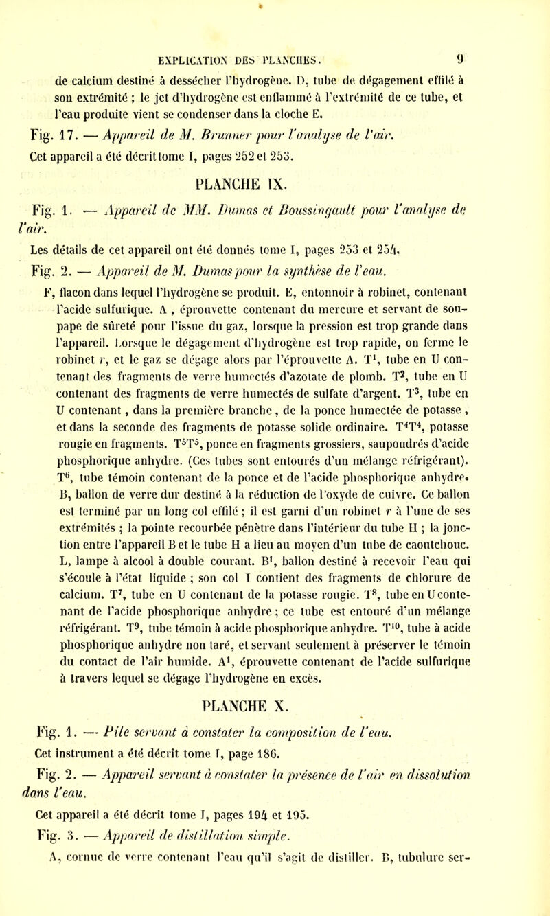 de calcium destiné à dessécher l’hydrogène. D, tube de. dégagement eflilé à son extrémité ; le jet d’hydrogène est enflammé à l’extrémité de ce tube, et l’eau produite vient se condenser dans la cloche E. Fig. 17. ■— Appareil de M. Brunner pour Vanalyse de l'air. Cet appareil a été décrit tome I, pages ‘252 et 253. PLANCHE IX. Fig. 1. -— Appareil de MM. Dumas et Boussingault pour l'analyse de l'air. Les détails de cet appareil ont été donnés tome 1, pages 253 et 25A Fig. 2. — Appareil de M. Dumas pour la synthèse de l'eau. F, flacon dans lequel l’hydrogène se produit. E, entonnoir à robinet, contenant l’acide sulfurique. A., éprouvette contenant du mercure et servant de sou- pape de sûreté pour l’issue du gaz, lorsque la pression est trop grande dans l’appareil. Lorsque le dégagement d’hydrogène est trop rapide, on ferme le robinet r, et le gaz se dégage alors par l’éprouvette A. T1, tube en U con- tenant des fragments de verre humectés d’azotate de plomb. T2, tube en U contenant des fragments de verre humectés de sulfate d’argent. T3, tube en U contenant, dans la première branche, de la ponce humectée de potasse , et dans la seconde des fragments de potasse solide ordinaire. T4T4, potasse rougie en fragments. T5T5, ponce en fragments grossiers, saupoudrés d'acide phosphorique anhydre. (Ces tubes sont entourés d’un mélange réfrigérant). T6, tube témoin contenant de la ponce et de l’acide phosphorique anhydre. B, ballon de verre dur destiné à la réduction de l’oxyde de cuivre. Ce ballon est terminé par un long col effilé ; il est garni d’un robinet r à l’une de ses extrémités ; la pointe recourbée pénètre dans l’intérieur du tube II ; la jonc- tion entre l’appareil B et le tube H a lieu au moyen d’un tube de caoutchouc. L, lampe à alcool à double courant. B1, ballon destiné à recevoir l’eau qui s’écoule à l’état liquide ; son col I contient des fragments de chlorure de calcium. T7, tube en U contenant de la potasse rougie. T8, tube en U conte- nant de l’acide phosphorique anhydre ; ce tube est entouré d’un mélange réfrigérant. T9, tube témoin à acide phosphorique anhydre. T10, tube à acide phosphorique anhydre non taré, et servant seulement à préserver le témoin du contact de l’air humide. A1, éprouvette contenant de l’acide sulfurique à travers lequel se dégage l’hydrogène en excès. PLANCHE X. Fig. 1. — Pile servant à constater la composition de Veau. Cet instrument a été décrit tome r, page 186. Fig. 2. — Appareil servant à constater la présence de Voir en dissolution dans Veau. Cet appareil a été décrit tome I, pages 19tx et 195. Fig. 3. •— Appareil de distillation simple. A, cornue de verre contenant l’eau qu’il s’agit de distiller. B, tubulure ser-