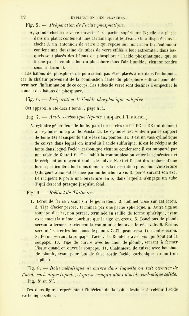 Fig. 5. — Préparation de Tacide phosphatique. A, grande cloche de verre ouverte à sa partie supérieure B; elle est placée dans un plat E contenant une certaine quantité d’eau. On a disposé sous la cloche A un entonnoir de verre C qui repose sur un flacon D ; l’entonnoir contient une douzaine de tubes de verre effilés à leur extrémité, dans les- quels sont placés des hâtons de phosphore : l’acide phosphatique, qui se forme par la combustion du phosphore dans l’air humide, vient se rendre sous le flacon D. Les bâtons de phosphore ne pourraient pas être placés à nu dans l’entonnoir, car la chaleur provenant de la combustion lente du phosphore suffirait pour dé- terminer l’inflammation de ce corps. Les tubes de verre sont destinés à empêcher le contact des bûtons de phosphore. Fig. 6. — Préparation de ïacide phosphorique anhydre. Cet appareil a été décrit tome f, page Zt5Zt. Fig. 7. — Acide carbonique liquide (appareil Thilorier). A, cylindre générateur de fonte, garni de cercles de fer BC et DE qui donnent au cylindre une grande résistance. Le cylindre est soutenu par le support de fonte EG et suspendu entre les deux pointes III. J est un vase cylindrique de cuivre dans lequel on introduit l’acide sulfurique. K est le récipient de fonte dans lequel l’acide carbonique vient se condenser ; il est supporté par une table de fonte LM. On établit la communication entre le générateur et le récipient au moyen du tube de cuivre N. O et P sont des robinets d’une forme particulière dont nous donnerons la description plus loin. L’ouverture O du générateur est fermée par un bouchon à vis B, percé suivant son axe. Le récipient K porte une ouverture en S, dans laquelle s’engage un tube T qui descend presque jusqu’au fond. Fig. 9. — Robinet de Thilorier. 1. Écrou de fer se vissant sur le générateur. 2. Bobinet vissé sur cet écrou. 3. Tige d’acier percée, terminée par une partie sphérique. Zi. Autre tige ou soupape d’acier, non percée, terminée en saillie de forme sphérique, ayant exactement la même courbure que la lige en creux. 5. Bouchons de plomb servant à fermer exactement la communication avec le réservoir. 6. Écrous servant à serrer les bouchons de plomb. 7. Chapeau servant de contre-écrou. 8. Écrou serrant la soupape d’acier. 9. Bondelle avec vis qui '.soutient la soupape. 10. Tige de cuivre avec bouchon de plomb, servant à fermer l’issue quand on ouvre la soupape. 11. Chalumeau de cuivre avec bouchon de plomb, ayant pour but de faire sortir l'acide carbonique par un trou capillaire. Fig. 8. — Boîte métallique de cuivre dans laquelle on fait circuler de Tacide carbonique liquide, et qui se remplit alors d’acide carbonique solide. Fig. 8' et 8. Ces deux figures représentent l’intérieur de la boîte destinée à retenir l'acide carbonique solide.