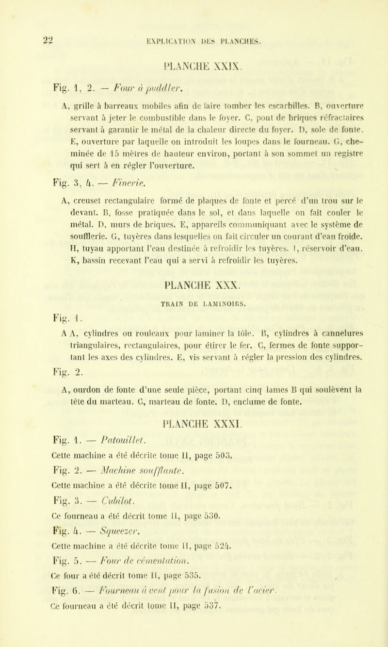 PLANCHE XXIX. Fig. 1, 2. — Four à puddler. A, grille à barreaux mobiles afin de faire tomber les escarbilles. B, ouverture servant à jeter le combustible dans le foyer. C, pont de briques réfractaires servant à garantir le métal de la chaleur directe du foyer. D, sole de fonte. E, ouverture par laquelle on introduit les loupes dans le fourneau. G, che- minée de 15 mètres de hauteur environ, portant à son sommet un registre qui sert à en régler l’ouverture. Fig. 3, A. — Finerie. A, creuset rectangulaire formé de plaques de fonte et percé d’un trou sur le devant. B, fosse pratiquée dans le sol, et dans laquelle on fait couler le métal. D, murs de briques. E, appareils communiquant avec le système de soufflerie. G, tuyères dans lesquelles on fait circuler un courant d’eau froide. FI, tuyau apportant l’eau destinée à refroidir les tuyères. !, réservoir d’eau. K, bassin recevant l’eau qui a servi à refroidir les tuyères. PLANCHE XXX. TRAIN DE LAMINOIRS. Fig. 1. A A, cylindres ou rouleaux pour laminer la tôle. B, cylindres à cannelures triangulaires, rectangulaires, pour étirer le fer. G, fermes de fonte suppor- tant les axes des cylindres. E, vis servant à régler la pression des cylindres. Fig. 2. A, ourdon de fonte d’une seule pièce, portant cinq lames B qui soulèvent la tète du marteau. G, marteau de fonte. D, enclume de fonte. PLANCHE XXXI. Fig. 1. — Patouillet. Gette machine a été décrite tome II, page 505. Fig. 2. — Machine sou [‘Il ante. Gette machine a été décrite tome 11, page 507. Fig. 3. — Cubilot. Ge fourneau a été décrit tome 11, page 530. Fig. A. — Squeezer. Gette machine a été décrite tome II, page 52/t. Fig. 5. — Four de cémentation. Ge four a été décrit tome 11, page 535. Fig. 6. — Fourneau à vent, pour la fusion de l’acier. Ge fourneau a été décrit tome II, page 537.