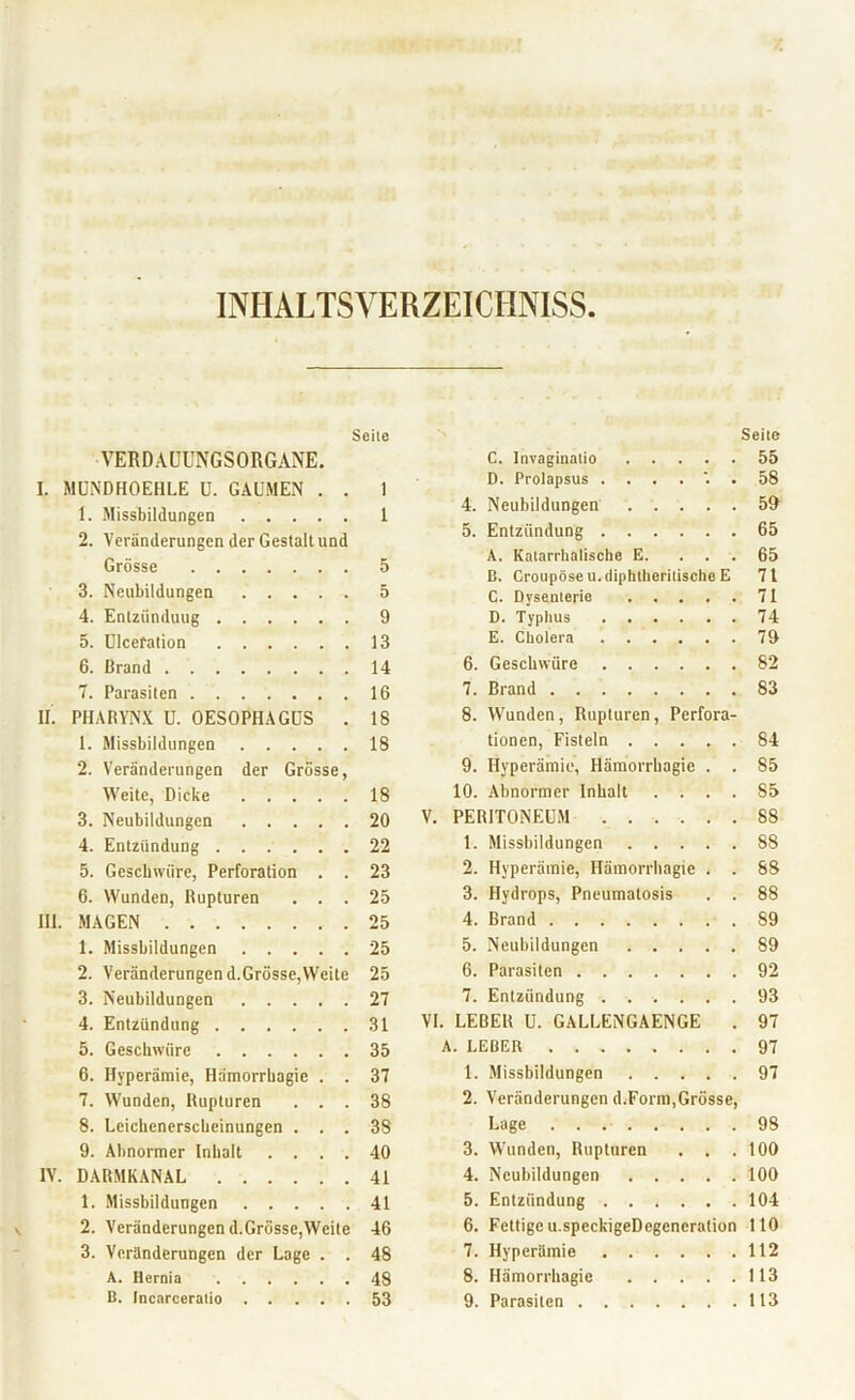 INHALTSVERZEICHNIS Seile VERDAUUNGSORGANE. I. MUNDHOEHLE U. GAUMEN . . 1 1. Missbildungen 1 2. Veränderungen der Gestalt und Grösse 5 3. Neubildungen 5 4. Entziinduug 9 5. Ulcefation 13 6. Brand 14 7. Parasiten 16 II. PHARYNX U. OESOPHAGUS . 18 1. Missbildungen 18 2. Veränderungen der Grösse, Weite, Dicke 18 3. Neubildungen 20 4. Entzündung 22 5. Geschwüre, Perforation . . 23 6. Wunden, Rupturen ... 25 III. MAGEN 25 1. Missbildungen 25 2. Veränderungend.Grösse,Weite 25 3. Neubildungen 27 4. Entzündung 31 5. Geschwüre 35 6. Hyperämie, Hämorrhagie . . 37 7. Wunden, Rupturen ... 38 8. Leichenerscheinungen ... 38 9. Abnormer Inhalt .... 40 IV. DARMKANAL 41 1. Missbildungen 41 2. Veränderungen d.Grösse,Weite 46 3. Veränderungen der Lage . . 48 A. Hernia 48 Seite C. Invaginatio 55 D. Prolapsus 58 4. Neubildungen 59 5. Entzündung 65 A. Katarrhalische E. ... 65 B. Croupöse u. diphtheritische E 71 C. Dysenterie 71 D. Typhus 74 E. Cholera 79 6. Geschwüre 82 7. Brand 83 8. Wunden, Rupturen, Perfora- tionen, Fisteln 84 9. Hyperämie, Hämorrhagie . . 85 10. Abnormer Inhalt .... 85 V. PERITONEUM 88 1. Missbildungen 88 2. Hyperämie, Hämorrhagie . . 88 3. Hydrops, Pneumatosis . . 88 4. Brand 89 5. Neubildungen 89 6. Parasiten 92 7. Entzündung 93 VI. LEBER U. GALLENGAENGE . 97 A. LEBER 97 1. Missbildungen 97 2. Veränderungen d.Form,Grösse, Lage 98 3. Wunden, Rupturen . . .100 4. Neubildungen 100 5. Entzündung 104 6. Fettige u.speckigeDcgeneration 110 7. Hyperämie 112 8. Hämorrhagie 113