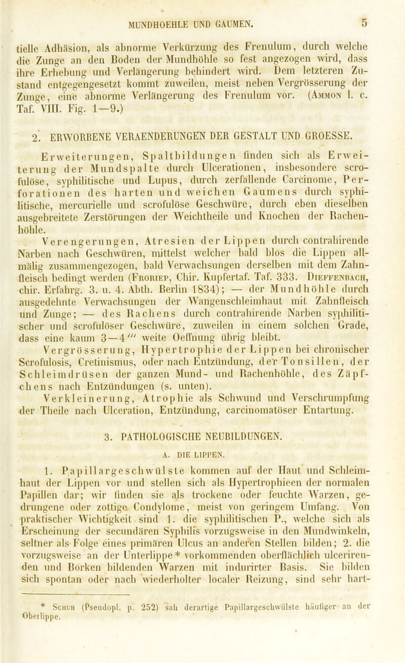 tielle Adhäsion, als abnorme Verkürzung des Frenulum, durch welche die Zunge an den Boden der Mundhöhle so fest angezogen wird, dass ihre Erhebung und Verlängerung behindert wird. Dem letzteren Zu- stand entgegengesetzt kommt zuweilen, meist neben Vergrösserung der Zunge, eine abnorme Verlängerung des Frenulum vor. (Ammon 1. c. Taf. VIII. Fig. 1—9.) 2. ERWORBENE VERAENDERUNGEN DER GESTALT UND GROESSE. Erweiterungen, Spaltbildungen finden sich als Erwei- terung der Mundspalte durch Ulcerationen, insbesondere scro- fulöse, syphilitische und Lupus, durch zerfallende Carcinome, Per- forationen des harten und weichen Gaumens durch syphi- litische, mercuriclle und scrofulöse Geschwüre, durch eben dieselben ausgebreitete Zerstörungen der Weichtheile und Knochen der Rachen- höhle. Verengerungen, At r e s i e n derLippen durch contrahirende Narben nach Geschwüren, mittelst welcher bald blos die Lippen all- mälig zusammengezogen, bald Verwachsungen derselben mit dem Zahn- fleisch bedingt werden (Froriep, Chir. Kupfertaf. Taf. 333. Bieffenrach, chir. Erfahrg. 3. u. 4. Abth. Berlin 1834); — der Mundhöhle durch ausgedehnte Verwachsungen der Wangenschleimhaut mit Zahnfleisch und Zunge; — des Rachens durch contrahirende Narben syphiliti- scher und scrofulöser Geschwüre, zuweilen in einem solchen Grade, dass eine kaum 3—4' weite Oeflhung übrig bleibt. Vergrösserung, Hypertrophie der Lippen bei chronischer Scrofulosis, Cretinismus, oder nach Entzündung, deT Tonsillen, der Schleimdrüsen der ganzen Mund- und Rachenhöhle, des Zäpf- chens nach Entzündungen (s. unten). Verkleinerung, Atrophie als Schwund und Verschrumpfung der Theile nach Ulceration, Entzündung, carcinomatöser Entartung. 3. PATHOLOGISCHE NEUBILDUNGEN. A. DIE LIPPEN. 1. Papi 11 arge schwül sie kommen auf der Haut und Schleim- haut der Lippen vor und stellen sich als Ilypertrophieen der normalen Papillen dar; wir linden sie als trockene oder feuchte Warzen, ge- drungene oder zottige Condylome, meist von geringem Umfang. Von praktischer Wichtigkeit sind 1. die syphilitischen P., welche sich als Erscheinung der secundären Syphilis vorzugsweise in den Mundwinkeln, seltner als Folge eines primären Ulcus an anderen Stellen bilden; 2. die vorzugsweise an der Unterlippe * vorkommenden oberflächlich ulceriren- den und Borken bildenden Warzen mit indurirter Basis. Sie bilden sich spontan oder nach wiederholter localer Reizung, sind sehr hart- * Sciiuu (Pseudopl. p. 252) sah derartige Papillargeschwiilste häufiger an der Oberlippe.