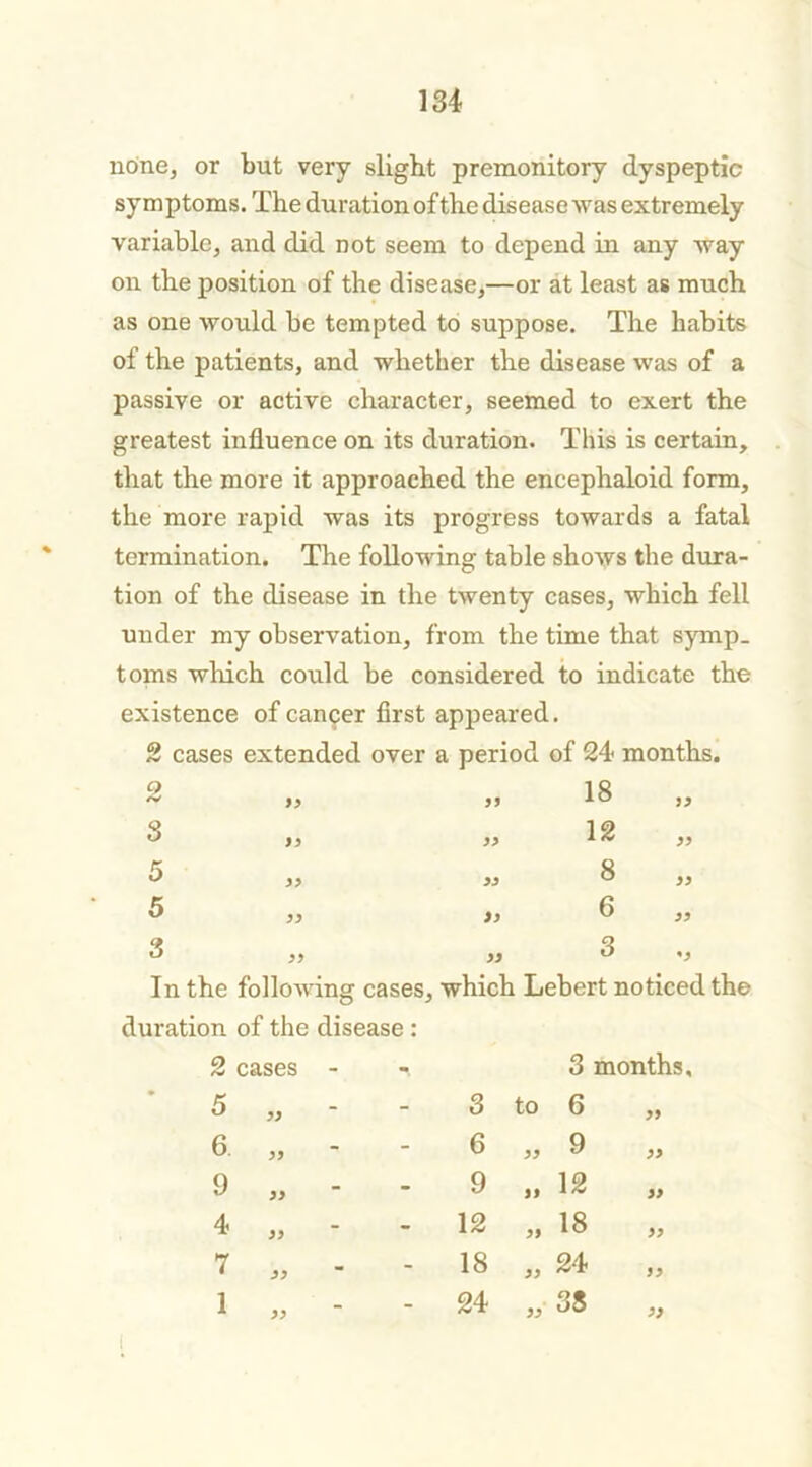 none, or but very slight premonitory dyspeptic symptoms. The duration of the disease was extremely variable, and did not seem to depend in any way on the position of the disease,—or at least as much as one would be tempted to suppose. The habits of the patients, and whether the disease was of a passive or active character, seemed to exert the greatest influence on its duration. This is certain, that the more it approached the encephaloid form, the more rapid was its progress towards a fatal termination. The following table shows the dura- tion of the disease in the twenty cases, which fell under my observation, from the time that symp- toms which could be considered to indicate the existence of cancer first appeared. 2 cases extended over a period of 24- months. 0 <v 99 99 18 99 3 99 99 12 99 5 99 99 8 99 5 99 99 6 99 3 99 99 3 *9 In the following cases. which Lebert noticed the duration of the disease : 2 cases - 3 months. 5 99 3 to 6 99 6 99 6 99 9 99 9 99 9 99 12 99 4 99 12 99 18 99 7 99 18 99 24 99 1 99 24 99 38 99