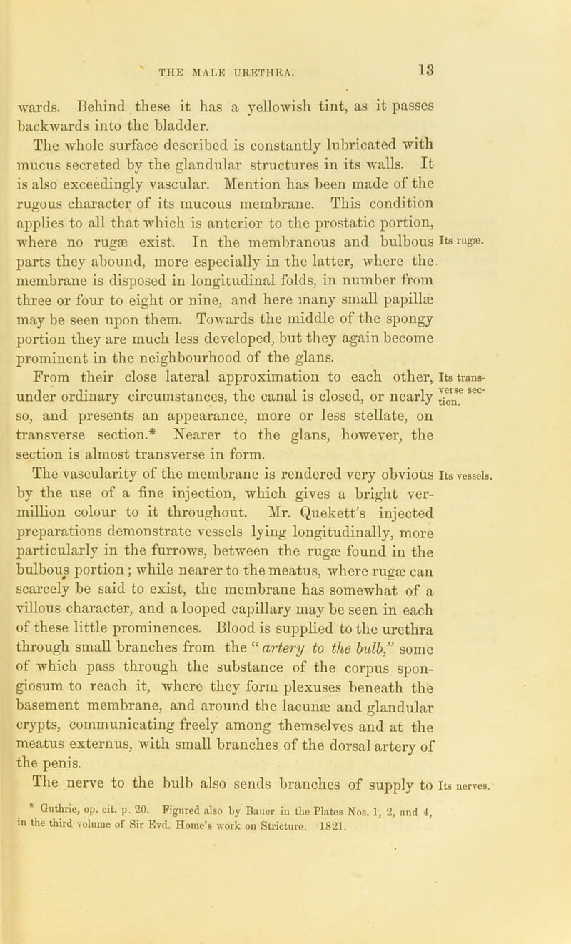 wards. Behind these it has a yellowish tint, as it passes backwards into the bladder. The whole surface described is constantly lubricated with mucus secreted by the glandular structures in its walls. It is also exceedingly vascular. Mention has been made of the rugous character of its mucous membrane. This condition applies to all that which is anterior to the prostatic portion, where no rugae exist. In the membranous and bulbous Its rug®, parts they abound, more especially in the latter, where the membrane is disposed in longitudinal folds, in number from three or four to eight or nine, and here many small papillae may be seen upon them. Towards the middle of the spongy portion they are much less developed, but they again become prominent in the neighbourhood of the glans. From their close lateral approximation to each other, Its trans- under ordinary circumstances, the canal is closed, or nearly ^'nsc sec' so, and presents an appearance, more or less stellate, on transverse section.* Nearer to the glans, however, the section is almost transverse in form. The vascularity of the membrane is rendered very obvious its vessels, by the use of a fine injection, which gives a bright Ver- million colour to it throughout. Mr. Quekett’s injected preparations demonstrate vessels lying longitudinally, more particularly in the furrows, between the rugte found in the bulbous portion; while nearer to the meatus, where rugae can scarcely be said to exist, the membrane has somewhat of a villous character, and a looped capillary may be seen in each of these little prominences. Blood is supplied to the urethra through small branches from the “ artery to the bulb,” some of which pass through the substance of the corpus spon- giosum to reach it, where they form plexuses beneath the basement membrane, and around the lacunae and glandular crypts, communicating freely among themselves and at the meatus externus, with small branches of the dorsal artery of the penis. The nerve to the bulb also sends branches of supply to Its nerves. * Guthrie, op. cit. p. 20. Figured also by Bauer in the Plates Nos. 1, 2, and 4, in the third volume of Sir Evd. Home’s work on Stricture. 1821.