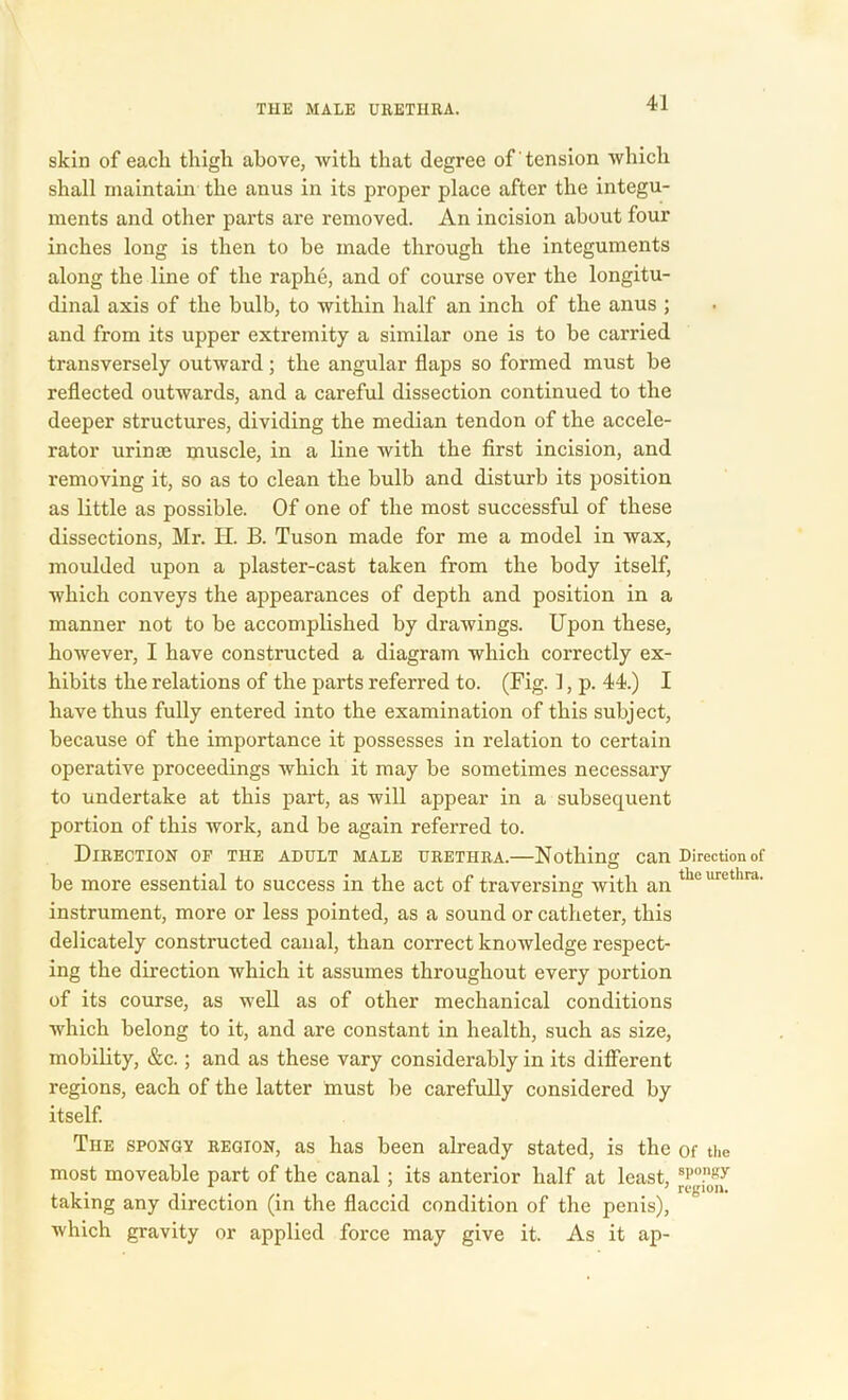 skin of eacli thigh above, with that degree of tension which shall maintain the anus in its proper place after the integu- ments and other parts are removed. An incision about four inches long is then to be made through the integuments along the line of the raphe, and of course over the longitu- dinal axis of the bulb, to within half an inch of the anus ; and from its upper extremity a similar one is to be carried transversely outward; the angular flaps so formed must be reflected outwards, and a careful dissection continued to the deeper structures, dividing the median tendon of the accele- rator urime muscle, in a line with the first incision, and removing it, so as to clean the bulb and disturb its position as little as possible. Of one of the most successful of these dissections, Mr. H. B. Tuson made for me a model in wax, moulded upon a plaster-cast taken from the body itself, which conveys the appearances of depth and position in a manner not to be accomplished by drawings. Upon these, however, I have constructed a diagram which correctly ex- hibits the relations of the parts referred to. (Fig. 1, p. 44.) I have thus fully entered into the examination of this subject, because of the importance it possesses in relation to certain operative proceedings which it may be sometimes necessary to undertake at this part, as will appear in a subsequent portion of this work, and be again referred to. Direction of the adult male urethra.—Nothing can Direction of be more essential to success in the act of traversing with an tlie lirLtl'ra' instrument, more or less pointed, as a sound or catheter, this delicately constructed canal, than correct knowledge respect- ing the direction which it assumes throughout every portion of its course, as well as of other mechanical conditions which belong to it, and are constant in health, such as size, mobility, &c.; and as these vary considerably in its different regions, each of the latter must be carefully considered by itself. The spongy region, as has been already stated, is the of the most moveable part of the canal ; its anterior half at least, spo.sy taking any direction (in the flaccid condition of the penis), which gravity or applied force may give it. As it ap-