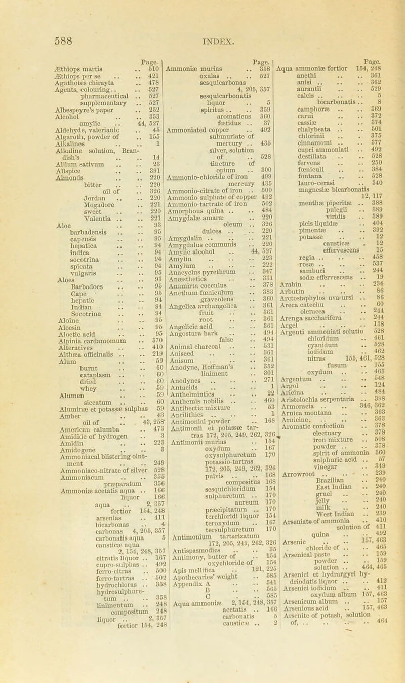 Page jEthiops martis .. 510 JEtlriops por se .. .. 421 Agatliotes chirayta .. 478 Agents, colouring.. .. 527 pharmaceutical .. 527 supplementary .. 527 Albespeyre’s paper .. 252 Alcohol .. .. 353 amylie .. 44, 527 Aldehyde, valerianic .. 45 Algaroth, powder of Alkalines Alkaline solution, Bran- dish’s Allium sativum Allspice Almonds bitter oil of Jordan Mogadore sweet Valentia .. Aloe barbndensis capensis hepatica indica socotrina spicata vulgaris Aloes Barbadoes Cape hepatic Indian Socotrine Aloine Aloesin Aloetic acid Alpinia cardamomum Alteratives Altluea officinalis .. Alum burnt cataplasm .. dried whey Alumen siccatum Aluminas et potass® sulphas Amber oil of American calumba Amidide of hydrogen Amidin Amidogene Ammoniacal blistering oint- ment Ammoniaco-nitrate of silver Ammoniacum pr®paratum Ammonia: acetatis aqua .. liquor aqua .. 5 fortior 154, 248 arscnias .. 411 bicarbonas .. 4 carbonas 4, 205, 357 carbonatis aqua 5 caustic;!: aqua 2, 154, 248, 357 155 1 14 23 391 220 220 32G 220 221 220 221 93 95 95 94 94 94 94 95 93 95 95 94 94 94 95 95 95 370 410 219 59 60 60 GO 59 59 60 59 43 43, 258' . 473 3 .. 223 3 249 528 355 356 166 166 357 citratis liquor cupro-sulphas .. ferro-citras ferro-tartras .. hydrochloras .. hydrosulphurc- tum .. linimentum compositum liquor 167 492 500 602 368 358 248 248 2, 357 fortior 154, 248 Page. Ammonite murias .. 358 oxalas .. .. 627 sesqui carbonas 4, 205, 357 sesquicarbonatis liquor .. 6 spiritus .. .. 359 aromaticus 360 fcetidus .. 37 Ammoniated copper .. 492 submuriate of mercury .. 435 silver, solution of .. 528 tinctnre of opium .. 300 Ammonio-chloride of iron 499 mercury 435 Ammonio-citrate of iron .. 500 Ammouio- sulphate of copper 492 Anunonio* tartrate of iron 502 Amorphous quina .. .. 484 Amygdala: amar® .. 220 oleum .. 326 dulces .. .. 220 Amygdalin .. .. .. 221 Amygdalus communis .. 220 Amylie alcohol .. 44,527 Amylin .. •• •• 223 Amylum .. •• •• 222 Anacyclus pyrethrum .. 347 Anesthetics .. .. 331 Anamirta cocculus .. 378 Anethum foeniculum .. 383 graveolcns .. 360 Angelica archangelica .. 361 fruit .. .. 361 root .. .. 361 Angelicic acid .. .. 361 Angostura bark .. .. 494 false .. 494 Animal charcoal .. .. 531 Aniseed .. •• •• 361 Anisum 3G1 Anodyne, Hoffman's .. 352 liniment .. 301 Anodynes .. .. .. 271 Antacids .. .. •• 1 Anthelmintics .. .. 22 Anthemis nobilis .. .. 460 Antihectic mixture .. 53 Antilithics 1 Antimonial powder .. 168 Antimonii et potass® tar- tras 172, 205, 249, 262, 326 Antimonii murias .. 154 oxydum .. 167 oxysulphuretum 1/0 potassio-tartras 172, 205, 249, 262, 326 pul vis .. •• 168 compositus 168 sesquichloridum 151 sulplmretum .. 170 aureum 170 pnecipitatum .. 170 terchloridi liquor 154 teroxydnm .. 167 tersulphuretum 170 Antimonium tartnrizatum 172, 205, 249, 262, 326 Antispasmodics .. .. 35 Antimony, butter of .. 154 oxychloride of 154 Apis melliflca • • 121,225 Apothecaries' woight .. 585 Appendix A .. •• 541 B .. •• 665 C ... 685 Aqua ammonite 2,154, 248,357 acetatis .. 16G carbonatis 5 caustic® .. 2 Page. Aqua ammonite fortior 154, 248 anethi .. .. 361 anisi 362 aurantii .. .. 529 calcis 5 bicarbonate .. 8 camphor® .. .. 369 carui .. .. 372 eassitE .. .. 374 clialybeata .. .. 501 chlorinii .. . 375 cinnamomi .. .. 377 cupri ammoniati .. 492 destillata .. .. 528 fervens .. .. 250 foeniculi .. .. 384 fontana .. .. 528 lauro-cerasi .. 340 magnesia: bicarbonate 12,117 menthte piperit® .. 388 pulegii .. 389 viridis .. 389 picis liquid® .. 404 pimentte .. .. 392 potass® .. .. 12 caustic® . 12 effcrvescens 15 regia .. .. .. 458 rosm 537 sambuci .. .. 244 sod® effervescens .. 19 Arabin 234 Arbutin 86 Arctostaphylos uva-ursi .. 86 Areca catechu .. .. 60 oleracea .. .. 244 Arenga saccharifera .. 244 Argel .. .. 138 Argenti ammoniati solutio 528 chloridum .. 461 cyanidum .. 528 iodidum .. 4G2 nitras 155, 461, 528 fusum .. 155 Oxydum .. •• 463 Argentum 548 Argol ... .. •• 124 Aricina .. .. •• 484 Aristolochia serpentnria .. 398 Armoracia .. .. 346, 362 Arnica montana .. .. 363 Arnicine. .. .. .. 363 Aromatic confection .. 378 electuary .. 378 iron mixture .. 508 powder .. .. 378 spirit of ammonia 360 sulphuric acid .. 57 vinegar .. 349 Arrowroot .. - .. 239 Brazilian .. 240 East Iuclian .. 240 gruel .. •• 240 jelly .. •• 240 milk .. -.240 West Indian .. 239 Arseniato of ammonia .. 410 solution of 411 quina .. •• 492 Arsenic .. •• 131, 463 chloride of .. .. 465 Arsenical paste .. .. 159 powder .. .. 159 solution .. 464, 465 Arsenic! et liydrargyri hy- driodate liquor .. .. 412 Arseuici iodidum .. .. 411 oxydum album 157, 463 Arsenicum album .. 157 Arsenious acid .. 157, 463 Arsenite of potash, solution of, ..