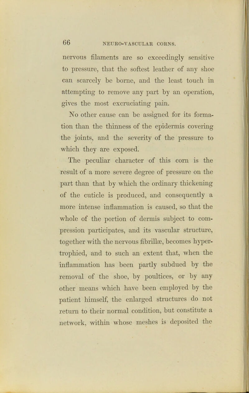 nervous filaments are so exceedingly sensitive to pressure, that the softest leather of any shoe can scarcely be borne, and the least touch in attempting to remove any part by an operation, gives the most excruciating pain. No other cause can be assigned for its forma- tion than the thinness of the epidermis covering the joints, and the severity of the pressure to which they are exposed. The peculiar character of this corn is the result of a more severe degree of pressure on the part than that by which the ordinary thickening of the cuticle is produced, and consequently a more intense inflammation is caused, so that the whole of the portion of dermis subject to com- pression participates, and its vascular structure, together with the nervous fibrilke, becomes hyper- trophied, and to such an extent that, when the inflammation has been partly subdued by the removal of the shoe, by poultices, or by any other means which have been employed by the patient himself, the enlarged structures do not return to their normal condition, but constitute a network, within whose meshes is deposited the