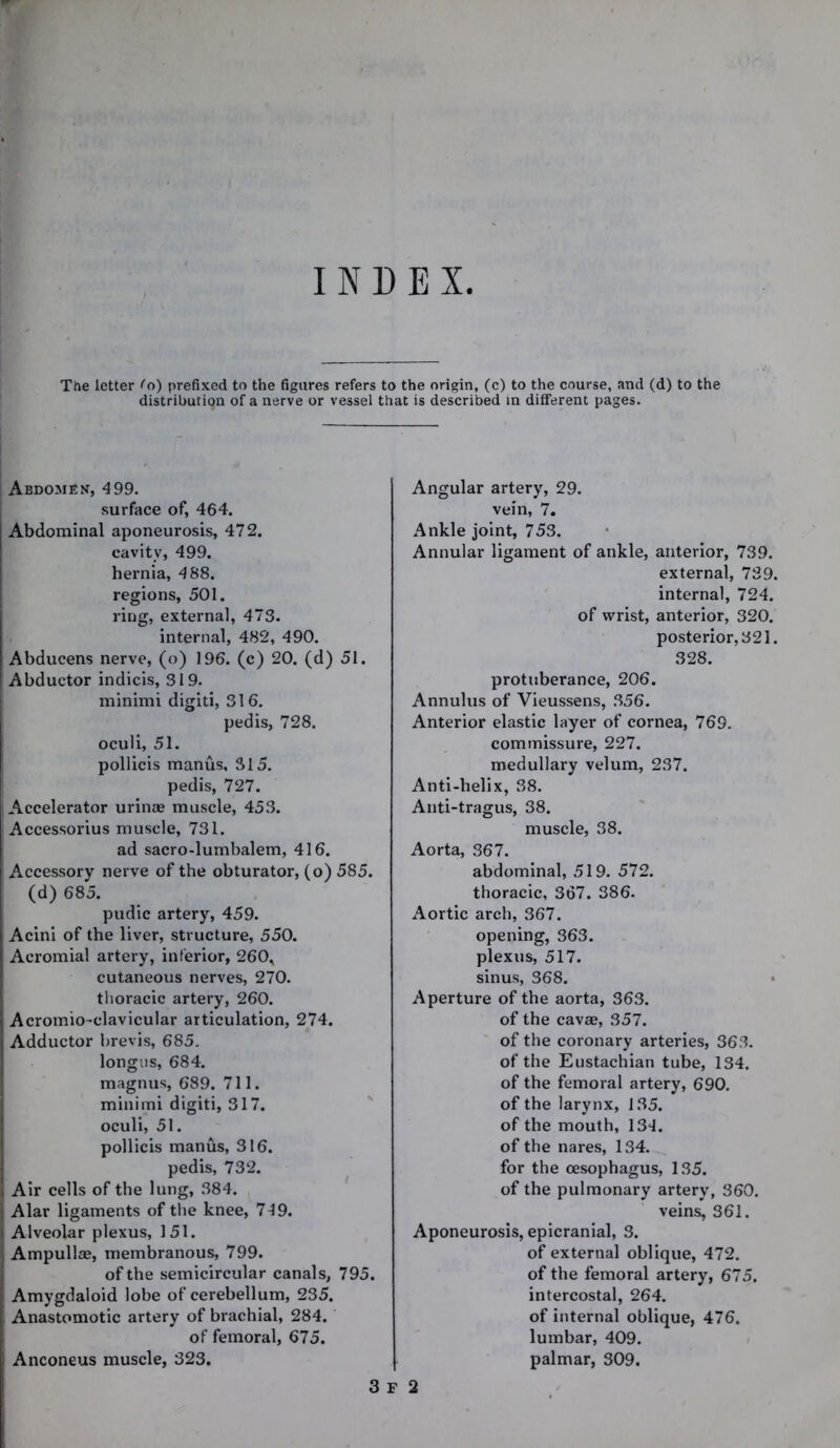 The letter fo) prefixed to the figures refers to the origin, (c) to the course, and (d) to the distribution of a nerve or vessel that is described in different pages. Abdomen, 499. surface of, 464. Abdominal aponeurosis, 472. cavity, 499. hernia, 488. regions, 501. ring, external, 473. internal, 482, 490. Abducens nerve, (o) 196. (c) 20. (d) 51. Abductor indicis, 319. minimi digiti, 316. pedis, 728. oculi, 51. pollicis manus, 315. pedis, 727. Accelerator urinae muscle, 453. Accessorius muscle, 731. ad sacro-lumbalem, 416. Accessory nerve of the obturator, (o) 585. (d) 685. pudic artery, 459. Acini of the liver, structure, 550. Acromial artery, interior, 260, cutaneous nerves, 270. thoracic artery, 260. Acromio-clavicular articulation, 274. Adductor brevis, 685. longus, 684. magnus, 689. 711. minimi digiti, 317. oculi, 51. pollicis manus, 316. pedis, 732. Air cells of the lung, 384. Alar ligaments of the knee, 749. Alveolar plexus, 151. Ampullce, membranous, 799. of the semicircular canals, 795. Amygdaloid lobe of cerebellum, 235. Anastomotic artery of brachial, 284. of femoral, 675. Anconeus muscle, 323. Angular artery, 29. vein, 7. Ankle joint, 753. Annular ligament of ankle, anterior, 739. external, 739. internal, 724. of wrist, anterior, 320. posterior, 321. 328. protuberance, 206. Annulus of Vieussens, 356. Anterior elastic layer of cornea, 769. commissure, 227. medullary velum, 237. Anti-helix, 38. Anti-tragus, 38. muscle, 38. Aorta, 367. abdominal, 519. 572. thoracic, 367. 386. Aortic arch, 367. opening, 363. plexus, 517. sinus, 368. Aperture of the aorta, 363. of the cavae, 357. of the coronary arteries, 363. of the Eustachian tube, 134. of the femoral artery, 690. of the larynx, 135. of the mouth, 134. of the nares, 134. for the oesophagus, 135. of the pulmonary artery, 360. veins, 361. Aponeurosis, epicranial, 3. of external oblique, 472. of the femoral artery, 675. intercostal, 264. of internal oblique, 476. lumbar, 409. palmar, 309.