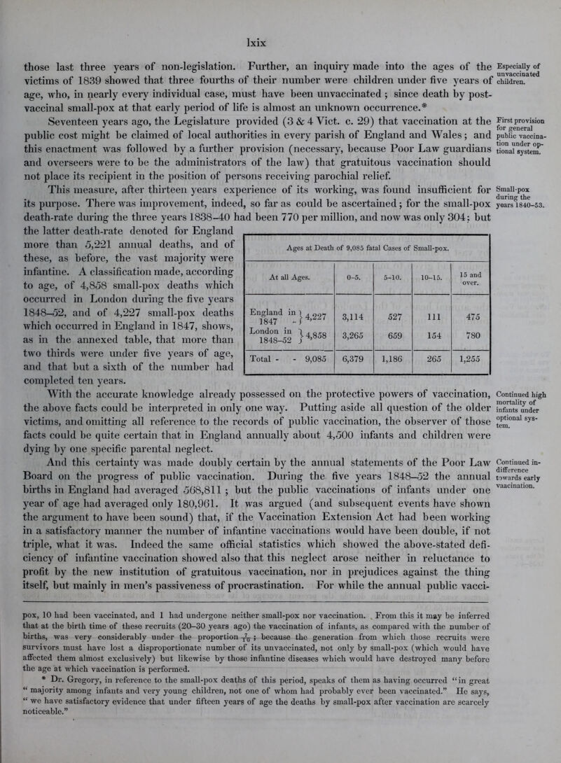 those last three years of non-legislation. Further, an inquiry made into the ages of the victims of 1839 showed that three fourths of their number were children under five years of age, who, in nearly every individual case, must have been unvaccinated ; since death by post- vaccinal small-pox at that early period of life is almost an unknown occurrence.* Seventeen years ago, the Legislature provided (3 & 4 Viet. c. 29) that vaccination at the public cost might he claimed of local authorities in every parish of England and Wales; and this enactment was followed by a further provision (necessary, because Poor Law guardians and overseers were to be the administrators of the law) that gratuitous vaccination should not place its recipient in the position of persons receiving parochial relief. This measure, after thirteen years experience of its working, was found insufficient for its purpose. There was improvement, indeed, so far as could he ascertained; for the small-pox death-rate during the three years 1838-40 had been 770 per million, and no w was only 304 : but the latter death-rate denoted for England more than 3,221 annual deaths, and of these, as before, the vast majority were infantine. A classification made, according to age, of 4,858 small-pox deaths which occurred in London during the five years 1848-52, and of 4,227 small-pox deaths which occurred in England in 1847, shows, as in the annexed table, that more than two thirds were under five years of age, and that but a sixth of the number had completed ten years. With the accurate knowledge already possessed on the protective powers of vaccination, the above facts could be interpreted in only one way. Putting aside all question of the older victims, and omitting all reference to the records of public vaccination, the observer of those facts could be quite certain that in England annually about 4,500 infants and children were dying by one specific parental neglect. And this certainty was made doubly certain by the annual statements of the Poor Law Board on the progress of public vaccination. During the five years 1848-52 the annual births in England had averaged 568,811 ; but the public vaccinations of infants under one year of age had averaged only 180,961. It was argued (and subsequent events have shown the argument to have been sound) that, if the Vaccination Extension Act had been working in a satisfactory manner the number of infantine vaccinations would have been double, if not triple, what it was. Indeed the same official statistics which showed the above-stated defi- ciency of infantine vaccination showed also that this neglect arose neither in reluctance to profit by the new institution of gratuitous vaccination, nor in prejudices against the thing itself, but mainly in men’s passiveness of procrastination. For while the annual public vacci- pox, 10 had been vaccinated, and 1 had undergone neither small-pox nor vaccination. From this it may be inferred that at the birth time of these recruits (20-30 years ago) the vaccination of infants, as compared with the number of births, was very considerably under the proportion ; because the generation from which those recruits were survivors must have lost a disproportionate number of its unvaccinated, not only by small-pox (which would have affected them almost exclusively) but likewise by those infantine diseases which would have destroyed many before the age at which vaccination is performed. * Dr. Gregory, in reference to the small-pox deaths of this period, speaks of them as having occurred “ in great “ majority among infants and very young children, not one of whom had probably ever been vaccinated.” Pie says, “ we have satisfactory evidence that under fifteen years of age the deaths by small-pox after vaccination are scarcely noticeable.” Ages at Death of 9,085 fatal Cases of Small-pox. At all Ages. 0-5. 5-10. 10-15. 15 and over. England in l . 997 1847 -? % i 3,114 527 Ill 475 London in 1 1848-52 j 4,858 3,265 659 154 780 Total - - 9,085 6,379 1,186 265 1,255 Especially of unvaccinated children. First provision for general public vaccina- tion under op- tional system. Small-pox during the years 1840-53. Continued high mortality of infants under optional sys- tem. Continued in- difference towards early vaacination.