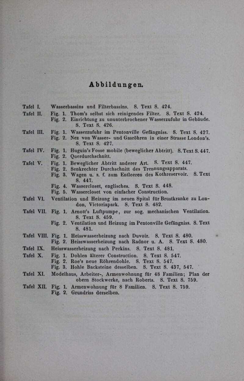 Abbildungen, Tafel I. Was Tafel II. Fig. Fig. Tafel III. Fig. Fig. Tafel IV. Fig. Fig. Tafel V. Fig. Fig. Fig. Fig. Fig. »assins und Filterbassins. S. Text S. 424. Thom’s selbst sich reinigendes Filter. S. Text S. 424. Einrichtung zu ununterbrochener Wasserzufuhr in Gebäud S. Text S. 426. S. Text S. 427. 1. Huguin’s Fosse mobile (beweglicher Abtritt). S. Text S. 447. S. Text S. 447. S. 447. Tafel VI. Tafel VII. Ventilation und Heizung im neuen Spital für Brustkranke zu Lon- don, Victoriapark. S. Text S. 482. Fig. 1. Arnott’s Luftpumpe, zur sog. mechanischen Ventilation. S. Text S. 459. Fig. 2. Ventilation und Heizung im Pentonville Gefängniss. S. Text S. 481. Tafel VIII. Fig. 1. Heisswasserheizung nach Duvoir. S. Text S. 480. Fig. 2. Heisswasserheizung nach Radnor u. A. S. Text S. 480. Tafel IX. Heisswasserheizung nach Perkins. S. Text S. 481. Tafel X. Fig. 1. Dohlen älterer Construction. S. Text S. 547. Fig. 2. Roe’s neue Röhrendohle. S. Text S. 547. Fig. 3. Hohle Backsteine desselben. S. Text S. 437, 547. Tafel XI. Modelhaus, Arbeiter-, Armenwohnung für 48 Familien; Plan der obern Stockwerke, nach Roberts. S. Text S. 759. Tafel XII. Fig. 1. Armenwohnung für 8 Familien. S. Text S. 759. Fig. 2. Grundriss derselben.