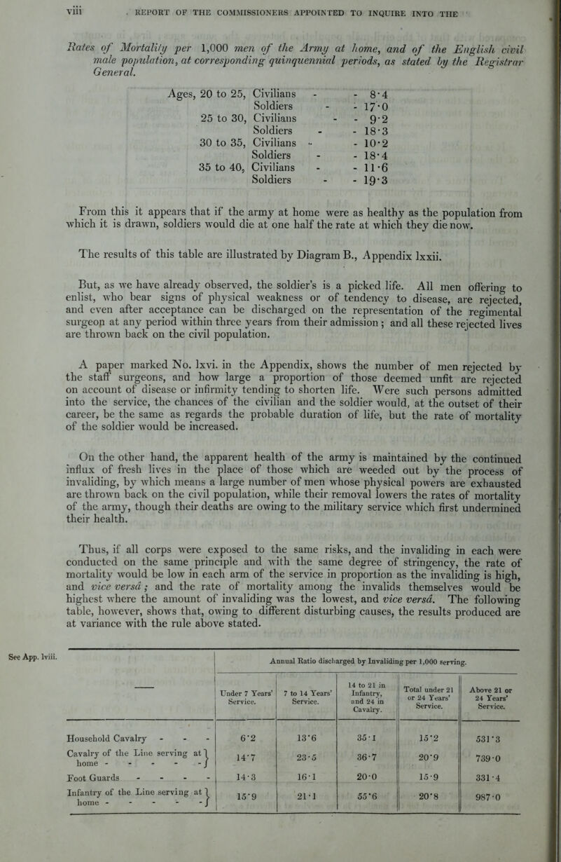 See App. lviii. Rates of Mortality per 1,000 men of the Army at home, and of the English civil male population, at corresponding quinquennial periods, as stated by the Registrar General. Ages, 20 to 25, Civilians - 8 Soldiers - 17' 25 to 30, Civilians - - 9 Soldiers - 18 30 to 35, Civilians - 10 Soldiers - 18 35 to 40, Civilians - 11 Soldiers - 19 •4 •0 •2 •3 •2 •4 •6 •3 From this it appears that if the army at home were as healthy as the population from which it is drawn, soldiers would die at one half the rate at which they die now. The results of this table are illustrated by Diagram B., Appendix lxxii. But, as we have already observed, the soldier’s is a picked life. All men offering to enlist, who bear signs of physical weakness or of tendency to disease, are rejected, and even after acceptance can be discharged on the representation of the regimental surgeon at any period within three years from their admission ; and all these rejected lives are thrown back on the civil population. A paper marked No. Ixvi. in the Appendix, shows the number of men rejected by the staff' surgeons, and how large a proportion of those deemed unfit are rejected on account of disease or infirmity tending to shorten life. Were such persons admitted into the service, the chances of the civilian and the soldier would, at the outset of their career, be the same as regards the probable duration of life, but the rate of mortality of the soldier would be increased. On the other hand, the apparent health of the army is maintained by the continued influx of fresh lives in the place of those which are weeded out by the process of invaliding, by which means a large number of men whose physical powers are exhausted are thrown back on the civil population, while their removal lowers the rates of mortality of the army, though their deaths are owing to the military service which first undermined their health. Thus, if all corps were exposed to the same risks, and the invaliding in each were conducted on the same principle and with the same degree of stringency, the rate of mortality would be low in each arm of the service in proportion as the invaliding is high, and vice versa; and the rate of mortality among the invalids themselves would be highest where the amount of invaliding was the lowest, and vice versa. The following table, however, shows that, owing to different disturbing causes, the results produced are at variance with the rule above stated. Annual Ratio discharged by Invaliding per 1,000 serving. Under 7 Years’ Service. 7 to 14 Years’ Service. 14 to 21 in Infantry, and 24 in Cavalry. Total under 21 or 24 Years’ Service. Above 21 or 24 Years’ Service. Household Cavalry _ 6*2 13*6 35-1 15*2 531*3 Cavalry of the Line serving home - at | 14'7 23-5 36-7 20’9 739-0 Foot Guards ... - 14-3 16-1 20-0 15-9 331-4 Infantry of the Line serving home - at ^ 15'9 21-1 55*6 20’8 987-0