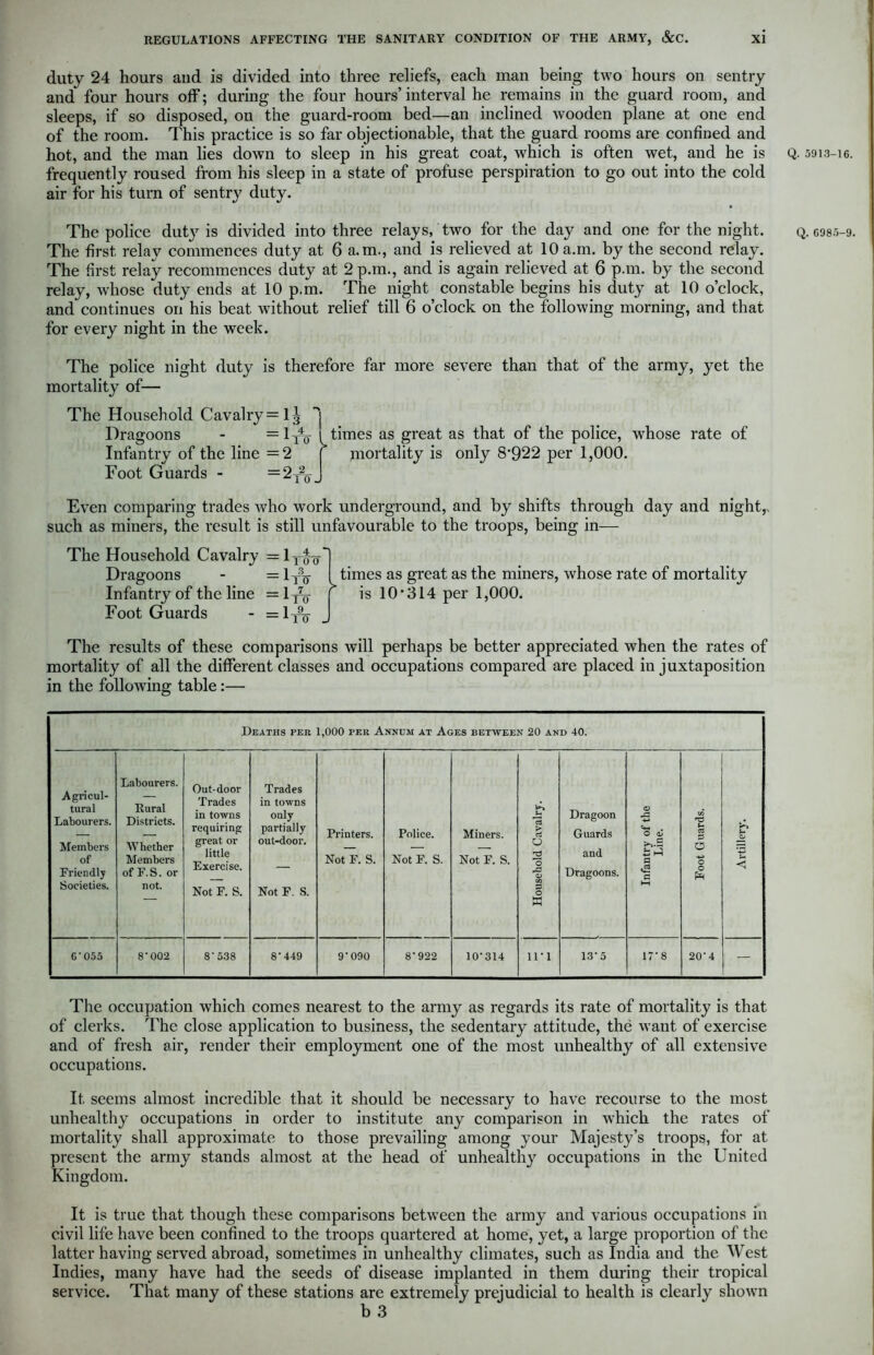 duty 24 hours and is divided into three reliefs, each man being two hours on sentry and four hours off; during the four hours’ interval he remains in the guard room, and sleeps, if so disposed, on the guard-room bed—an inclined wooden plane at one end of the room. This practice is so far objectionable, that the guard rooms are confined and hot, and the man lies down to sleep in his great coat, which is often wet, and he is frequently roused from his sleep in a state of profuse perspiration to go out into the cold air for his turn of sentry duty. The police duty is divided into three relays, two for the day and one for the night. The first relay commences duty at 6 a.m., and is relieved at 10 a.m. by the second relay. The first relay recommences duty at 2 p.m., and is again relieved at 6 pan. by the second relay, whose duty ends at 10 p.m. The night constable begins his duty at 10 o’clock, and continues on his beat without relief till 6 o’clock on the following morning, and that for every night in the week. The police night duty is therefore far more severe than that of the army, yet the mortality of— The Household Cavalry = 1^ j Dragoons - = 1T% { Infantry of the line = 2 Foot Guards - = 2T2ir_ times as great as that of the police, whose rate of mortality is only 8'922 per 1,000. Even comparing trades Avho work underground, and by shifts through day and night,, such as miners, the result is still unfavourable to the troops, being in— The Household Cavalry = lyjyo Dragoons - = lyo Infantry of the line Foot Guards I U V = l-7- f no _ _ 1 9 — 1To‘ times as great as the miners, whose rate of mortality is 10-314 per 1,000. The results of these comparisons will perhaps be better appreciated when the rates of mortality of all the different classes and occupations compared are placed in juxtaposition in the following table:— Deaths per 1,000 per Annum at Ages between 20 and 40. Agricul- tural Labourers. Members of Friendly Societies. Labourers. Rural Districts. Whether Members of F. S. or not. Out-door Trades in towns requiring great or little Exercise. Not F. S. Trades in towns only partially out-door. Not F. S. Printers. Not F. S. Police. Not F. S. Miners. Not F. S. Household Cavalry. Dragoon Guards and Dragoons. Infantry of the Line. Foot Guards. Artillery'. 6'055 8'002 8'538 8'449 9-090 8 922 10-314 in 13-5 17’8 20-4 — The occupation which comes nearest to the army as regards its rate of mortality is that of clerks. The close application to business, the sedentary attitude, the want of exercise and of fresh air, render their employment one of the most unhealthy of all extensive occupations. It seems almost incredible that it should be necessary to have recourse to the most unhealthy occupations in order to institute any comparison in which the rates of mortality shall approximate to those prevailing among your Majesty’s troops, for at present the army stands almost at the head of unhealthy occupations in the United Kingdom. It is true that though these comparisons between the army and various occupations in civil life have been confined to the troops quartered at home, yet, a large proportion of the latter having served abroad, sometimes in unhealthy climates, such as India and the West Indies, many have had the seeds of disease implanted in them during their tropical service. That many of these stations are extremely prejudicial to health is clearly shown b 3 Q. 5913-16. Q. 6985-9.