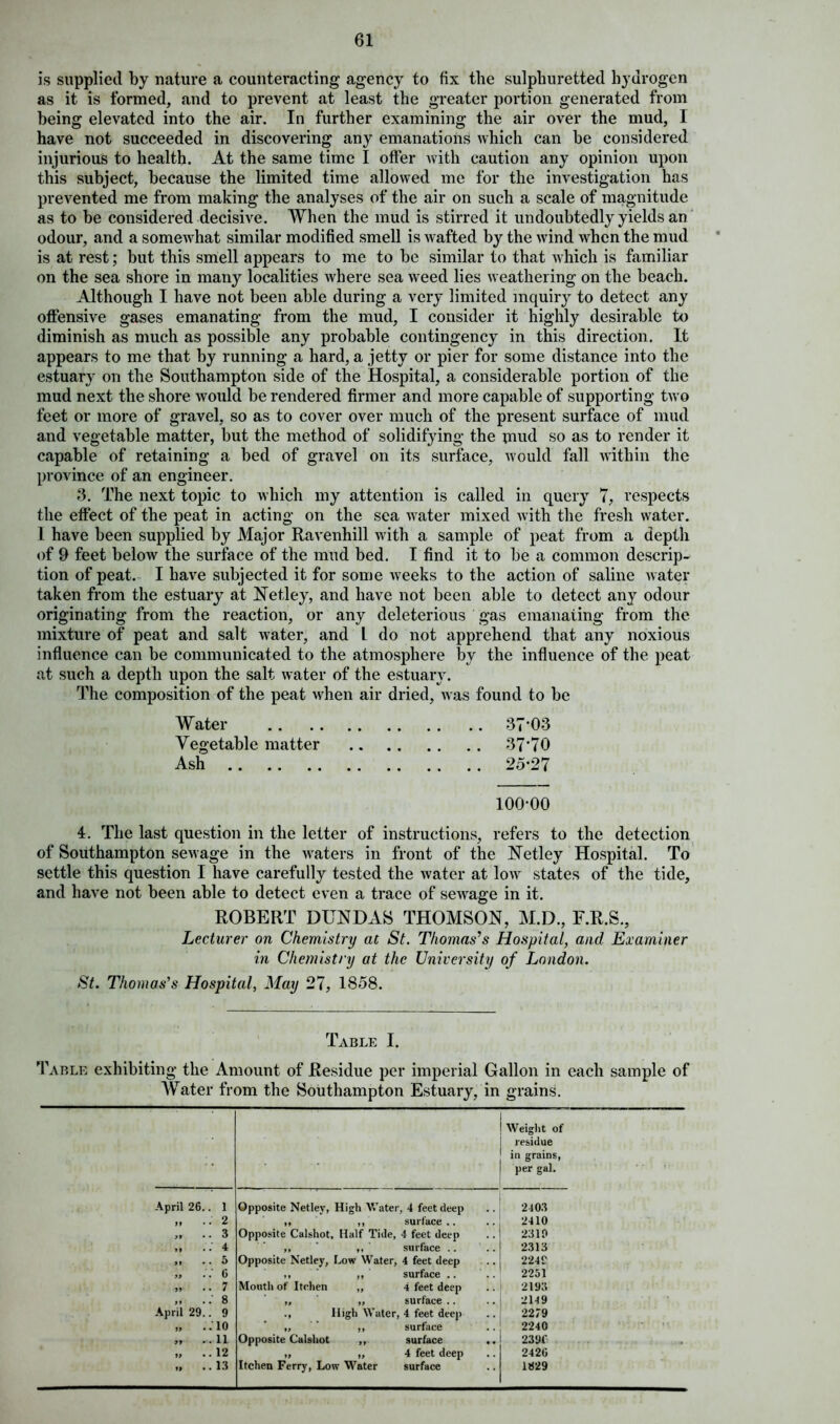 is supplied by nature a counteracting agency to fix the sulphuretted hydrogen as it is formed, and to prevent at least the greater portion generated from being elevated into the air. In further examining the air over the mud, 1 have not succeeded in discovering any emanations which can be considered injurious to health. At the same time I offer with caution any opinion upon this subject, because the limited time allowed me for the investigation has prevented me from making the analyses of the air on such a scale of magnitude as to be considered decisive. When the mud is stirred it undoubtedly yields an odour, and a somewhat similar modified smell is wafted by the wind when the mud is at rest; but this smell appears to me to be similar to that which is familiar on the sea shore in many localities where sea weed lies weathering on the beach. Although I have not been able during a very limited inquiry to detect any offensive gases emanating from the mud, I consider it highly desirable to diminish as much as possible any probable contingency in this direction. It appears to me that by running a hard, a jetty or pier for some distance into the estuary on the Southampton side of the Hospital, a considerable portion of the mud next the shore would be rendered firmer and more capable of supporting two feet or more of gravel, so as to cover over much of the present surface of mud and vegetable matter, but the method of solidifying the mud so as to render it capable of retaining a bed of gravel on its surface, would fall within the province of an engineer. 3. The next topic to which my attention is called in query 7, respects the effect of the peat in acting on the sea water mixed with the fresh water. 1 have been supplied by Major Ravenhill with a sample of peat from a depth of 9 feet below the surface of the mud bed. I find it to be a common descrip- tion of peat. I have subjected it for some weeks to the action of saline water taken from the estuary at Netley, and have not been able to detect any odour originating from the reaction, or any deleterious gas emanating from the mixture of peat and salt water, and L do not apprehend that any noxious influence can be communicated to the atmosphere by the influence of the peat at such a depth upon the salt water of the estuary. The composition of the peat when air dried, was found to be Water 37’03 Vegetable matter 37’70 Ash 25-27 100-00 4. The last question in the letter of instructions, refers to the detection of Southampton sewage in the waters in front of the Netley Hospital. To settle this question I have carefully tested the water at low states of the tide, and have not been able to detect even a trace of sewage in it. ROBERT DUN DAS THOMSON, M.D., F.R.S., Lecturer on Chemistry at St. Thomas’s Hospital, and Examiner in Chemistry at the University of London. St. Thomas's Hospital, May 27, 1S58. Table I. Table exhibiting the Amount of Residue per imperial Gallon in each sample of Water from the Southampton Estuary, in grains. Weight of residue in grains, per gal. April 26.. 1 Opposite Netley, High Water, 4 feet deep 2403 >, • • 2 ,, ,, surface.. Opposite Calshot, Half Tide, 4 feet deep 2410 „ -.3 2319 „ ..'4 ,, ,, surface .. 2313 „ ..5 Opposite Netley, Low Water, 4 feet deep 2249 „ :: c ,, ,, surface .. 2251 „ ..7 Mouth of Itchen „ 4 feet deep 2193 „ ..'8 ,, „ surface .. 2149 April 29.. 9 ., High Water, 4 feet deep 2279 „ ..io „ ,, surface 2240 „ ... 11 Opposite Calshot ,, surface 239f „ ..12 „ „ 4 feet deep 2420 ,, ..13 Itchen Ferry, Low Water surface 1829