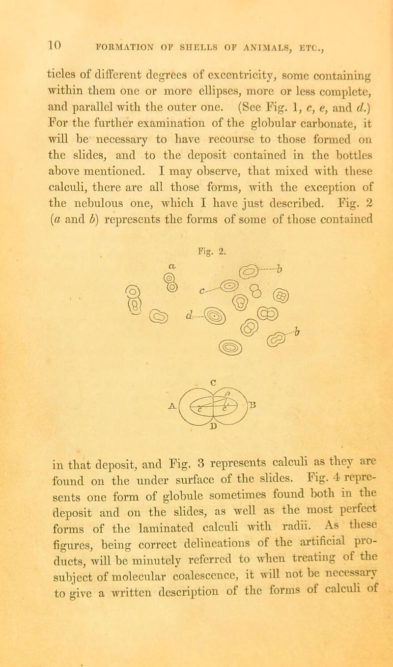 tides of different degrees of excentricity, some containing within them one or more ellipses, more or less complete, and parallel with the outer one. (See Fig. 1, c, e, and d.) For the further examination of the globular carbonate, it will be necessary to have recourse to those formed on the slides, and to the deposit contained in the bottles above mentioned. I may observe, that mixed with these calculi, there are all those forms, with the exception of the nebulous one, which I have just described. Fig. 2 (a and b) represents the forms of some of those contained Fig. 2. in that deposit, and Fig. 3 represents calculi as they are found on the under surface of the slides. Fig. 4 repre- sents one form of globule sometimes found both in the deposit and on the slides, as well as the most peifect forms of the laminated calculi with radii. As these figures, being correct delineations of the artificial pio- ducts, will be minutely referred to when treating of the subject of molecular coalescence, it will not be necessary to give a written description of the forms of calculi of