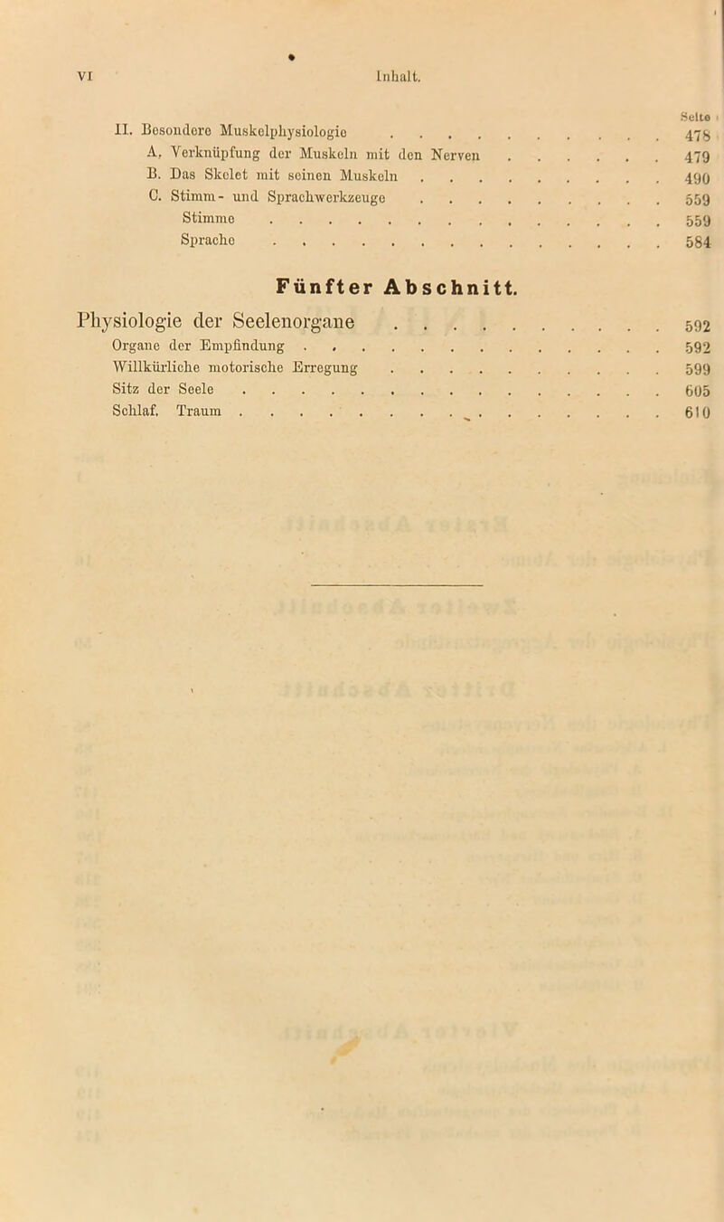 Seite II. Besondere Muskelphysiologio 4715 A. Verknüpfung der Muskeln mit den Nerven 479 B. Das Skelet mit seinen Muskeln 490 C. Stimm- und Spraclrwerkzeuge 559 Stimme 559 Sprache 584 Fünfter Abschnitt. Physiologie cler Seelenorgane 592 Organe der Empfindung . 592 Willkürliche motorische Erregung 599 Sitz der Seele 605 Schlaf. Traum 610