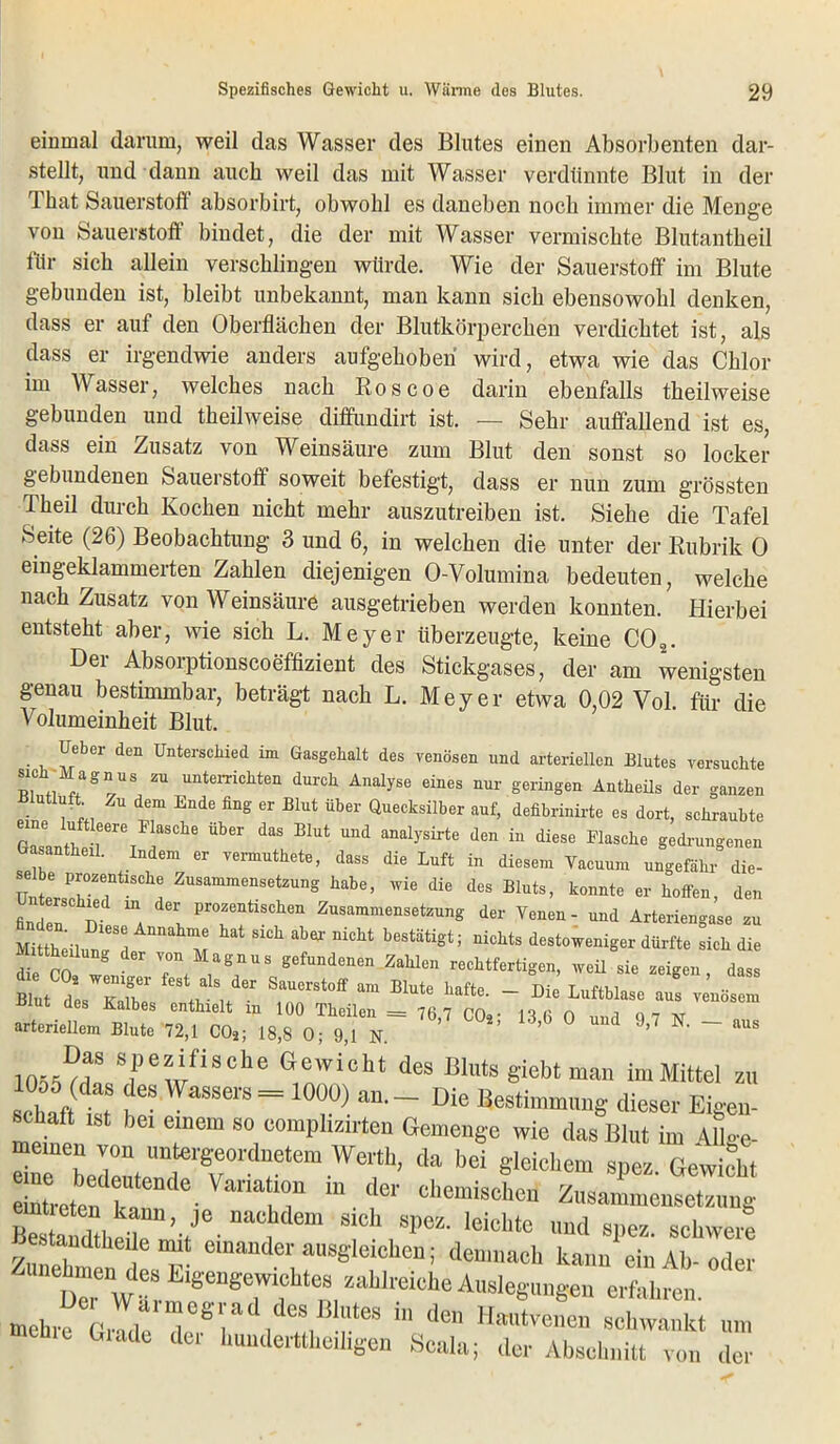 einmal darum, weil das Wasser des Blutes einen Absorbenten dar- stellt, und dann auch weil das mit Wasser verdünnte Blut in der That Sauerstoff absorbirt, obwohl es daneben noch immer die Menge von Sauerstoff bindet, die der mit Wasser vermischte Blutantheil für sich allein verschlingen würde. Wie der Sauerstoff im Blute gebunden ist, bleibt unbekannt, man kann sich ebensowohl denken, dass er auf den Oberflächen der Blutkörperchen verdichtet ist, als dass er irgendwie anders aufgehoben wird, etwa wie das Chlor im Wasser, welches nach Boscoe darin ebenfalls theilweise gebunden und theilweise diffundirt ist. — Sehr auffallend ist es, dass ein Zusatz von Weinsäure zum Blut den sonst so locker gebundenen Sauerstoff soweit befestigt, dass er nun zum grössten Theil durch Kochen nicht mehr auszutreiben ist. Siehe die Tafel Seite (26) Beobachtung 3 und 6, in welchen die unter der Rubrik 0 eingeklammerten Zahlen diejenigen O-Volumina bedeuten, welche nach Zusatz von Weinsäure ausgetrieben werden konnten. Hierbei entsteht aber, wie sich L. Meyer überzeugte, keine C02. Der Absorptionscoeffizient des Stickgases, der am wenigsten genau bestimmbar, beträgt nach L. Meyer etwa 0,02 Vol. für die Volumeinheit Blut. lieber den Unterschied im Gasgehalt des venösen und arteriellen Blutes versuchte sich Magnus zu unterrichten durch Analyse eines nur geringen Antheüs der ganzen Blutluft Au dem Ende fing er Blut über Quecksilber auf, defibrinirte es dort, schraubte eine luftleere Flasche über das Blut und analysirte den in diese Flasche gedrungenen Gasantheil. Indem er vermuthete, dass die Luft in diesem Vacuum ungefähr die- selbe praktische Zusammensetzung habe, wie die des Bluts, konnte er hoffen den Unterschied m der prozentischen Zusammensetzung der Venen- und Arteriengase zu MtithmlunJSd m SiCh ^ niCM bCStätigt 5 nichts dest0^ger dürfte sich die ” CO If, rechtfertigen, .eil sie zeigen, des, bl u,TT‘,7rs“ “Blut' - Di“ ”* '■ »— JJiut des Falbes enthielt in 100 Theilen = 71; 7 nr\a. nr n .1 ,, - AT arteriellem Blute 12,1 CO,; 18,8 0; 9,1 N. ' 9,7 * ~ «• , *• spezifische Gewicht des Bluts giebt man im Mittel zu sehnl) a,S ?0S el'S = 1000). an' ~ Die Bestimmung dieser Eigen- is lei einem so complizirten Gemenge wie das Blut im Allge- da bei etoreteu kuf 7 “ • ‘“ cllemische“ Zusammensetzung Säulenje nachdem sieh spez. leichte und spez. schwere BestondtheUe mit einander ausgleichcn; demnach hann ein Ab-oder unehmen des Eigengewichtes zahlreiche Auslegungen erfahren meh^Gnd'r'r',468,131^ “ de «Ä um Giade der hunderttheihgen Scala; der Abschnitt von der