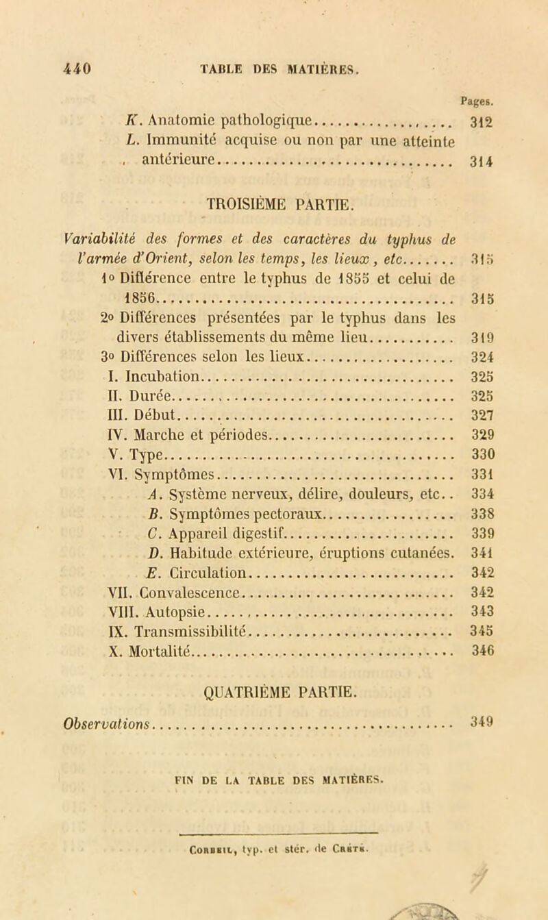 Pages. K. Anatomie pathologique 312 L. Immunité acquise ou non par une atteinte . antérieure 314 TROISIÈME PARTIE. Variabilité des formes et des caractères du typhus de l’armée d’Orient, selon les temps, les lieux, etc .313 lo Diflérence entre le typhus de 1855 et celui de 1856 315 2° Différences présentées par le typhus dans les divers établissements du même lieu 319 3° Différences selon les lieux 324 I. Incubation 325 II. Durée 325 III. Début 327 IV. Marche et périodes 329 V. Type 330 VI. Symptômes 331 A. Système nerveux, délire, douleurs, etc.. 334 B. Symptômes pectoraux 338 C. Appareil digestif 339 D. Habitude extérieure, éruptions cutanées. 341 E. Circulation 342 VII. Convalescence 342 VIII. Autopsie 343 IX. Transmissibilité 345 X. Mortalité 346 QUATRIÈME PARTIE. Observations 349 FIN DE I.A TABLE DES MATIÈRES. Connaît., lv|>. cl ster. «le Cbktk.