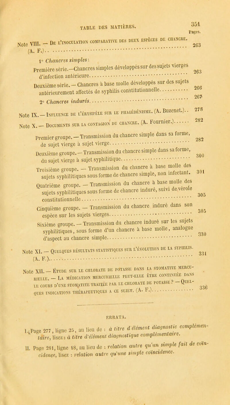 l’agcs. Note Vffl. - de l’inoculation comparative des deux espèces de chancre. ^ (A. F.) 1° Chancres simples : Première série.—Chancres simples développés sur des sujets vierges ^ d’infection antérieure Deuxième série. - Chancres à base molle développés sur des sujets antérieurement afl'ectcs de syphilis constitutionnelle . , , 267 2° Chancres maures Note IX. - INFLUENCE DE L’ÉRYSIPÈLE SUR LE PHAGÉDÉNISME. (A. BUZenet.).. 278 Note X. - Documents sur la contagion du chancre. (A. Fournier.) 282 Premier groupe. - Transmission du chancre simple dans sa forme, ^ de sujet vierge à sujet vierge Deuxième groupe. - Transmission du chancre simple dans sa forme, ^ du sujet vierge h sujet syphilitique Troisième groupe. - Transmission du chancre à base molle des sujets syphilitiques sous forme de chancre simple, non infectant. Quatrième groupe. - Transmission du chancre à base molle des sujets syphilitiques sous forme de chancre indure, suivi de vér ^ constitutionnelle Cinquième groupe. - Transmission du chancre induré dans son ^ espèce sur les sujets vierges Sixième groupe. — Transmission du chancre induré sur les sujets syphilitiques, sous forme d’un chancre à base molle, analogue ^ d’aspect au chancre simple Note XI. — Quelques résultats statistiques sur l’évolution de la svrniLis. ^ (A. F.) Note XII — Étude sur le chlorate de potasse dans la stomatite mercu- rielle. - La médication mercurielle peut-elle ÊTRE CONTINUEE dans LE COURS d’une STOMATITE TRAITÉE PAR LE CHLORATE JJE POTASSE ? QUEL ^ QUES INDICATIONS THÉRAPEUTIQUES A CE SUJET. (A. P.) ERRATA. un» m. ligue 25, au lieu de : * «W ***** diaomMc amplémen- lairc, lisez: à dire d'élément diagnostique complimentai)e. 11. Page 281, ligne 18, au lieu de : relation autre qu'un simple fait de coïn- cidence, lisez : relation autre qu’une simple coïncidence.