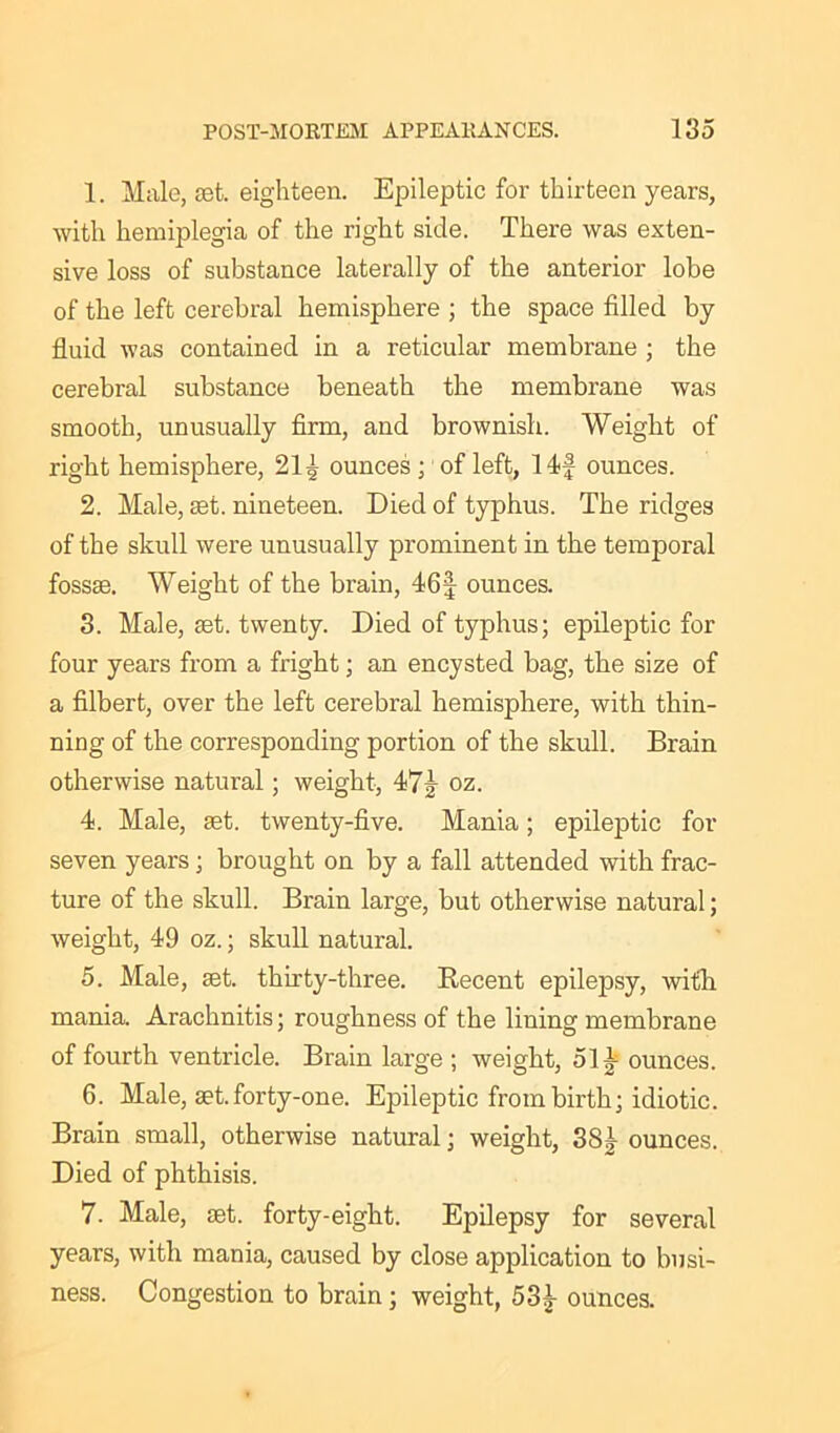 1. Male, set. eighteen. Epileptic for thirteen years, with hemiplegia of the right side. There was exten- sive loss of substance laterally of the anterior lobe of the left cerebral hemisphere ; the space filled by fluid was contained in a reticular membrane ; the cerebral substance beneath the membrane was smooth, unusually firm, and brownish. Weight of right hemisphere, 21^ ounces ; of left, 14f ounces. 2. Male, set. nineteen. Died of typhus. The ridges of the skull were unusually prominent in the temporal fossae. Weight of the brain, 46f ounces. 3. Male, set. twenty. Died of typhus; epileptic for four years from a fright; an encysted bag, the size of a filbert, over the left cerebral hemisphere, with thin- ning of the corresponding portion of the skull. Brain otherwise natural; weight, 47 j oz. 4. Male, set. twenty-five. Mania; epileptic for seven years; brought on by a fall attended with frac- ture of the skull. Brain large, but otherwise natural; weight, 49 oz.; skull natural. 5. Male, set. thirty-three. Recent epilepsy, with, mania. Arachnitis; roughness of the lining membrane of fourth ventricle. Brain large ; weight, 51 £ ounces. 6. Male, set. forty-one. Epileptic from birth; idiotic. Brain small, otherwise natural; weight, 38J ounces. Died of phthisis. 7. Male, set. forty-eight. Epilepsy for several years, with mania, caused by close application to busi- ness. Congestion to brain; weight, 53^- ounces.