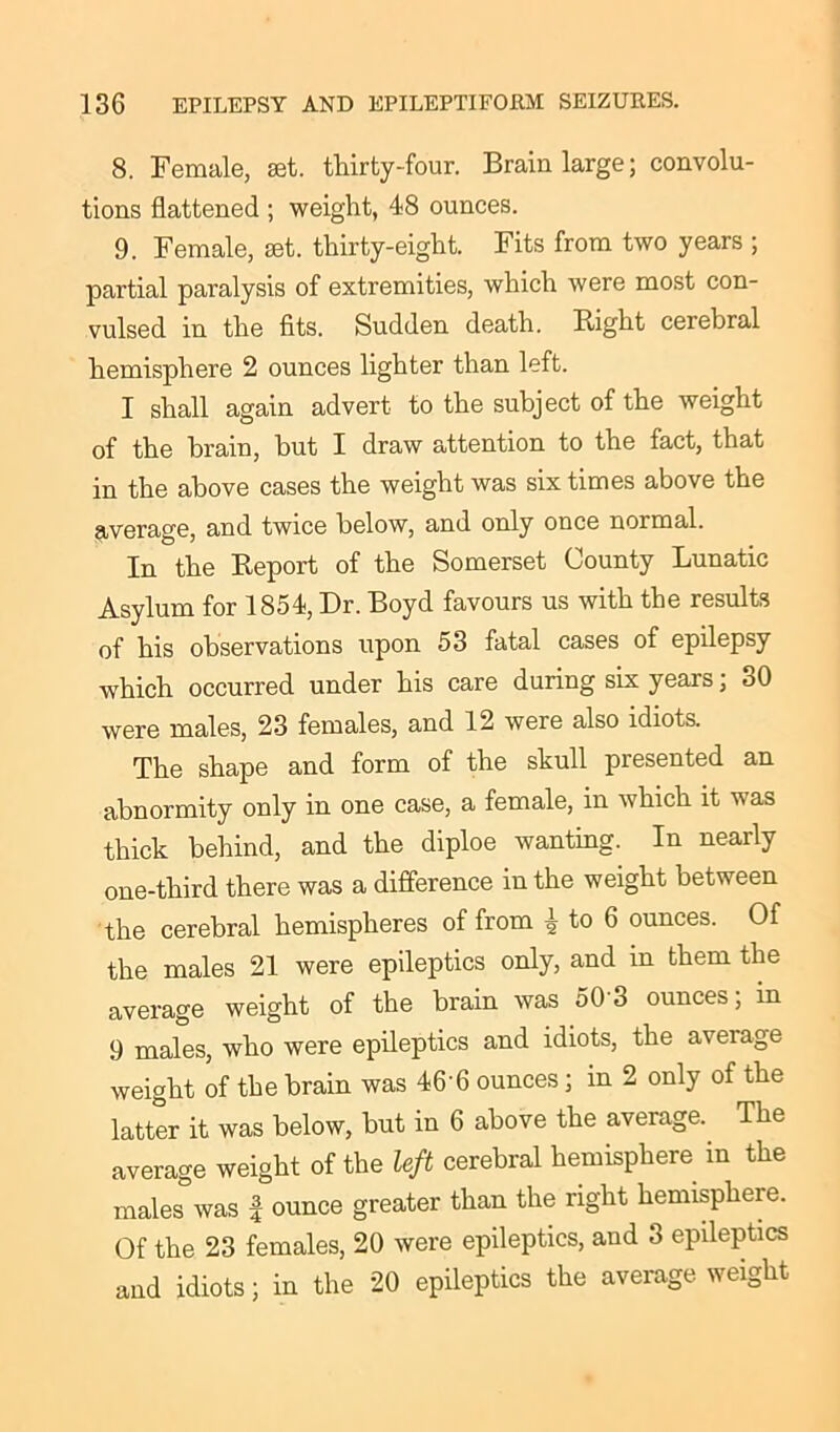 8. Female, set. thirty-four. Brain large; convolu- tions flattened ; weight, 48 ounces. 9. Female, set. thirty-eight. Fits from two years ; partial paralysis of extremities, which were most con- vulsed in the fits. Sudden death. Right cerebral hemisphere 2 ounces lighter than left. I shall again advert to the subject of the weight of the brain, but I draw attention to the fact, that in the above cases the weight was six times above the average, and twice below, and only once normal. In the Report of the Somerset County Lunatic Asylum for 1854, Dr. Boyd favours us with the results of his observations upon 53 fatal cases of epilepsy which occurred under his care during six years; 30 were males, 23 females, and 12 were also idiots. The shape and form of the skull presented an abnormity only in one case, a female, in which it was thick behind, and the diploe wanting. In nearly one-third there was a difference in the weight between the cerebral hemispheres of from \ to 6 ounces. Of the males 21 were epileptics only, and in them the average weight of the brain was 503 ounces; in 9 males, who were epileptics and idiots, the average weight of the brain was 46'6 ounces; in 2 only of the latter it was below, but in 6 above the average. The average weight of the left cerebral hemisphere in the males was | ounce greater than the right hemisphere. Of the 23 females, 20 were epileptics, and 3 epileptics and idiots; in the 20 epileptics the average weight