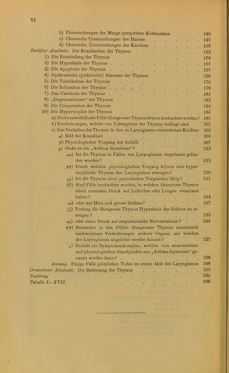 b) Untersuchungen der Menge perspirirter Kohlensäure c) Chemische Untersuchungen des Harnes .... d) Chemische Untersuchungen der Knochen . Zwölfter Abschnitt. Die Krankheiten der Thymus .... 1) Die Entzündung der Thymus ...... 2) Die Hyperämie der Thymus ........ 3) Die Apoplexie der Thymus ......... 4) Dyskrasische (pyämische) Abscesse der Thymus 5) Die Tuberkulose der Thymus . ....... 6) Die Induration der Thymus ......... 7) Das Carcinom der Thymus ......... 8) „Degenerationen“ der Thymus ........ 9) Die Compression der Thymus ........ 10) Die Hypertrophie der Thymus ........ a) Sind unzweifelhafte Fälle übergrosser Thymusdrüsen beobachtet worden ? b) Erscheinungen, welche von Uebergrösse der Thymus bedingt 6ind c) Das Verhalten derThymus in den an Laryngismus verstorbenen Kindern <*) Bild der Krankheit ......... ß) Physiologischer Vorgang des Anfalls y) Giebt es ein „Asthma thymicum“ ? ...... aa) Ist die Thymus in Fällen von Laryngismus vergrössert gefun- den worden? ......... ßß) Durch welchen physiologischen Vorgang könnte eine hyper- trophische Thymus den Laryngismus erzeugen? . yy) Ist die Thymus einer periodischen Turgescenz fähig ? . SS) Sind Fälle beobachtet worden, in welchen übergrosse Thymen einen normalen Druck auf Luftröhre oder Lungen veranlasst haben ?.......... ff) oder auf Herz und grosse Gefässe? ££) Vermag die übergrosse Thymus Hyperämie des Gehirns zu er- zeugen ? t]tj) oder einen Druck auf respiratorische Nervenbahnen ? . &9) Bestanden in den Fällen übergrosser Thymen anatomisch nachweisbare Veränderungen anderer Organe, aus welchen der Laryngismus abgeleitet werden konnte ? u) Bestehtein Symptomenkomplex, welcher vom anatomischen und physiologischen Standpunkte aus „Asthmathymicum“ ge- nannt werden kann? ........ Anhang. Einige Fälle plötzlichen Todes im ersten Akte des Laryngismus Dreizehnter Abschnitt. Die Bedeutung der Thymus ...... Nachtrag .............. Tabelle I—XVII. 140 147 156 162 164 167 167 168 170 178 181 182 184 185 185 201 202 203 207 213 213 220 221 224 227 233 234 237 238 248 252 265 268