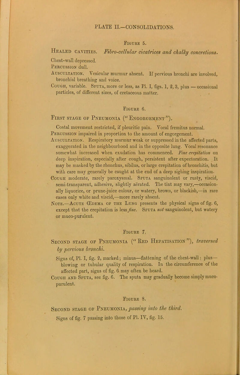 Figure 5. Healed cavities. Fibro-celhdar cicatrices and chalky concretions. Chest-wall depressed. Percussion dull. Auscultation. Vesicular murmur absent. If pervious bronchi are involved, bronchial breathing and voice. Cough, variable. Sputa, more or less, as PI. I, figs. 1, 2, 3, plus —occasional particles, of different sizes, of cretaceous matter. Figure 6. First stage of Pneumonia (“Engorgement”). Costal movement restricted, if pleuritic pain. Vocal fremitus normal. Percussion impaired in proportion to the amount of engorgement. Auscultation. Respiratory murmur weak or suppressed in the affected parts, exaggerated in the neighbourhood and in the opposite lung. Vocal resonance somewhat increased when exudation has commenced. Fine crepitation on deep inspiration, especially after cough, persistent after expectoration. It may be masked by the rhonchus, sibilus, or large crepitation of bronchitis, but with care may generally be caught at the end of a deep sighing inspiration. Cough moderate, rarely paroxysmal. Sputa sanguinolent or rusty, viscid, semi-transparent, adhesive, slightly aerated. The tint may vary,—occasion- ally liquorice, or prune-juice colour, or watery, brown, or blackish,—in rare cases only white and viscid,—more rarely absent. Note.—Acute (Edema op the Lung presents the physical signs of fig. 6, except that the crepitation is less fine. Sputa not sanguinolent, but watery or muco-purulent. Figure 7. Second stage of Pneumonia (“Red Hepatisation”), traversed by pervious bronchi. Signs of, PI. I, fig. 2, marked; minus—flattening of the chest-wall: plus- blowing or tubular quality of respiration. In the circumference of the affected part, signs of fig. 6 may often be heard. Cough and Sputa, see fig. 6. The sputa may gradually become simply muco- purulent. Figure 8. Second stage of Pneumonia, passing into the third. Signs of fig. 7 passing into those of PI. IV, fig. 15.