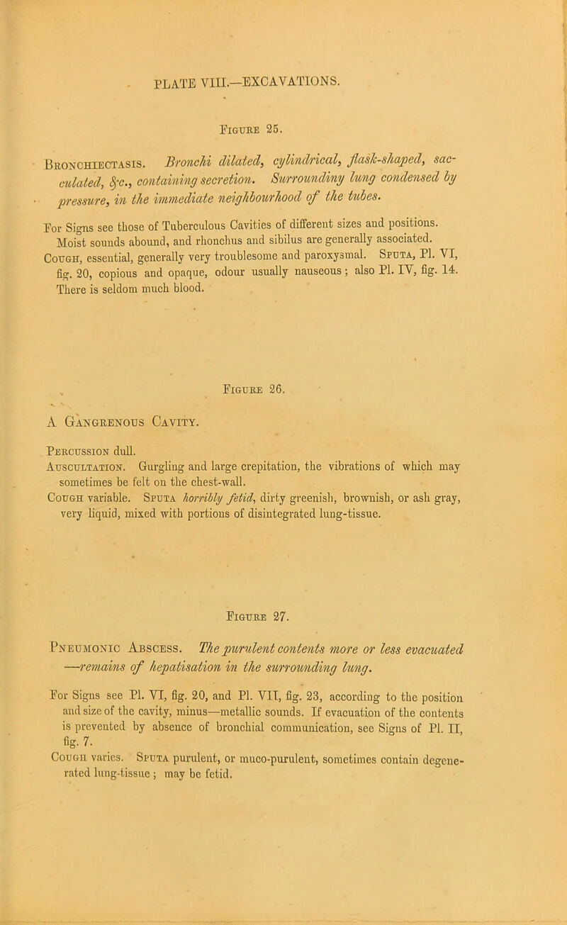 Figure 25. Bronchiectasis. Bronchi dilated, cylindrical, Jlasli-shaped, sac- culated, Sfc., containing secretion. Surrounding lung condensed by pressure, in the immediate neighbourhood of the tubes. For Signs see those of Tuberculous Cavities of different sizes and positions. Moist sounds abound, and rhonchus and sibilus are generally associated. Cough, essential, generally very troublesome and paroxysmal. Sputa, PI. VI, fig. 20, copious and opaque, odour usually nauseous; also PI. IV, fig. 14. There is seldom much blood. Figure 26. A Gangrenous Cavity. Percussion dull. Auscultation. Gurgling and large crepitation, the vibrations of which may sometimes be felt on the chest-wall. Cough variable. Sputa horribly fetid, dirty greenish, brownish, or ash gray, very liquid, mixed with portions of disintegrated lung-tissue. Figure 27. Pneumonic Abscess. The purulent contents more or less evacuated —remains of hepatisation in the surrounding lung. For Signs see PL VI, fig. 20, and PI. VII, fig. 23, according to the position and size of the cavity, minus—metallic sounds. If evacuation of the contents is prevented by absence of bronchial communication, see Signs of PI. II fig. 7. Cough varies. Sputa purulent, or muco-purulent, sometimes contain degene- rated lung-tissue ; may be fetid.