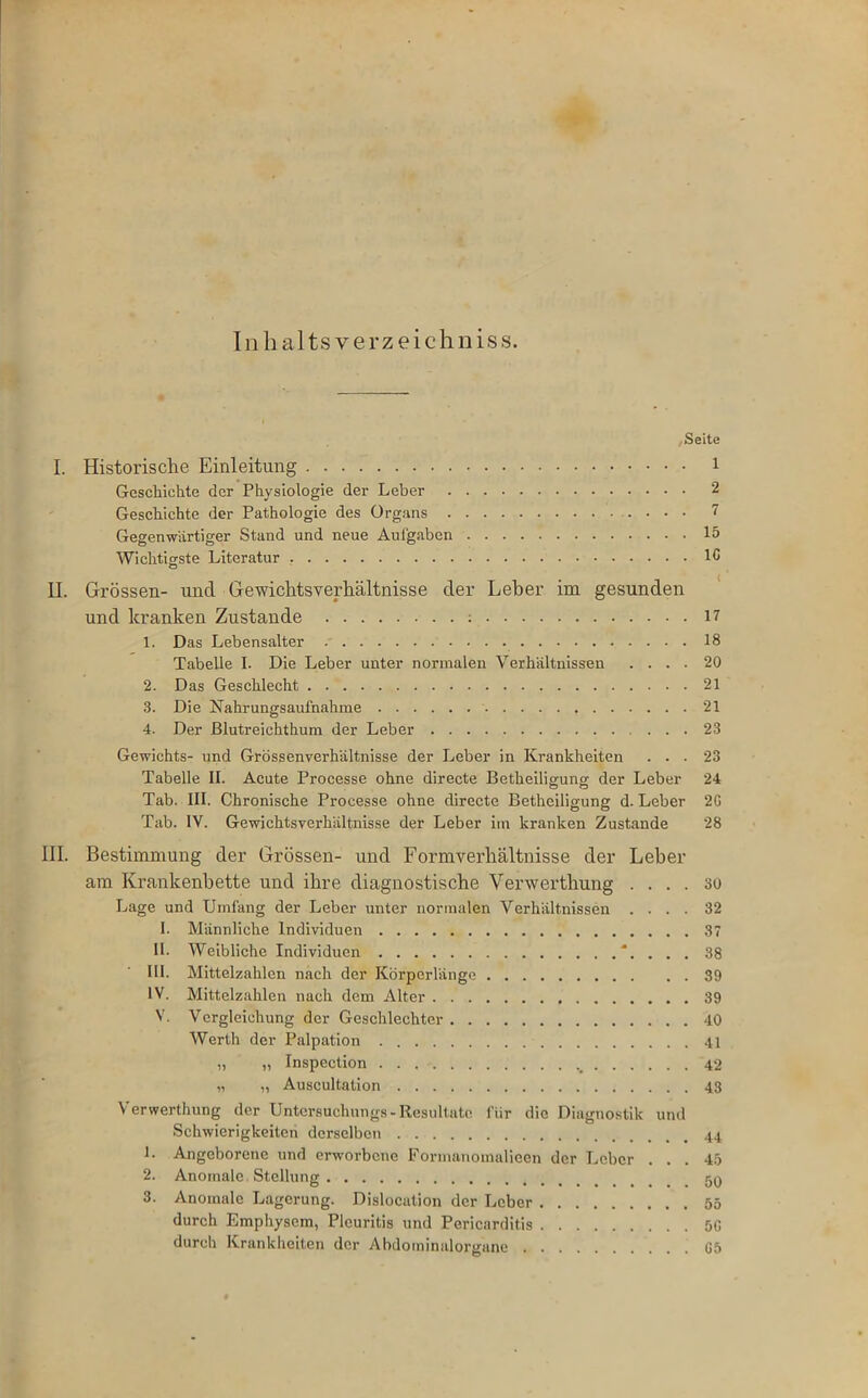 In li alts y erz eichniss. Seite I. Historische Einleitung 1 Geschichte der Physiologie der Leber 2 Geschichte der Pathologie des Organs 7 Gegenwärtiger Stand und neue Aufgaben 15 Wichtigste Literatur IC H. Grössen- und Gewichtsverhältnisse der Leber im gesunden und kranken Zustande : 17 1. Das Lebensalter 18 Tabelle I. Die Leber unter normalen Verhältnissen .... 20 2. Das Geschlecht 21 3. Die Nahrungsaufnahme 21 4. Der Blutreichthum der Leber 23 Gewichts- und Grössenverhältnisse der Leber in Krankheiten ... 23 Tabelle II. Acute Processe ohne directe Betheiligung der Leber 24 Tab. III. Chronische Processe ohne directe Betheiligung d. Leber 2G Tab. IV. Gewichtsverhältnisse der Leber im kranken Zustande 28 III. Bestimmung der Grössen- und Formverhältnisse der Leber am Krankenbette und ihre diagnostische Verwerthung . . . . 30 Lage und Umfang der Leber unter normalen Verhältnissen .... 32 I. Männliche Individuen 37 II. Weibliche Individuen . . . 38 III. Mittelzahlen nach der Körperlänge 39 IV. Mittelzahlen nach dem Alter 39 V. Vergleichung der Geschlechter 40 Werth der Palpation 41 „ „ Inspection 42 „ „ Auscultation 43 Verwerthung der Untersuchung^ -Resultate für die Diagnostik und Schwierigkeiten derselben 1. Angeborene und erworbene Forinanomalieen der Leber . . . 45 2. Anomale Stelhing jq 3. Anomale Lagerung. Dislocation der Leber 55 durch Emphysem, Pleuritis und Pericarditis 50 durch Krankheiten der Abdominalorgune G5