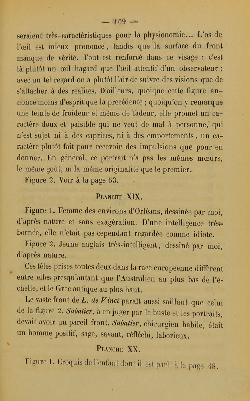 seraient très-caractéristiques pour la physionomie... L'os de l’œil est mieux prononcé, tandis que la surface du front manque de vérité. Tout est renforcé dans ce visage : c’est là plutôt un œil hagard que l’œil attentif d’un observateur : avec un tel regard on a plutôt l’air de suivre des visions que de s’attacher à des réalités. D’ailleurs, quoique cette figure an- nonce moins d’esprit que la précédente ; quoiqu’on y remarque une teinte de froideur et même de fadeur, elle promet un ca- ractère doux et paisible qui ne veut de mal à personne, qui n’est sujet ni à des caprices, ni à des emportements, un ca- ractère plutôt fait pour recevoir des impulsions que pour en donner. En général, ce portrait n’a pas les mêmes mœurs, le même goût, ni la même originalité que le premier. Figure 2. Voir à la page 63. Planche XIX. Figure 1. Femme des environs d’Orléans, dessinée par moi, d’après nature et sans exagération. D’une intelligence très- bornée, elle n’était pas cependant regardée comme idiote. Figure 2. Jeune anglais très-intelligent, dessiné par moi, d’après nature. Ces tètes prises toutes deux dans la race européenne diffèrent entre elles presqu’autant que l’Australien au plus bas de l’é- chelle, et le Grec antique au plus haut. Le vaste front de L. de Vinci parait aussi saillant que celui de la figure 2. Sabatier, à en juger par le buste et les portraits, devait avoir un pareil front. Sabatier, chirurgien habile, était un homme positif, sage, savant, réfléchi, laborieux. Planche XX. Figure 1. Croquis de l’enfant dont il est parlé à la page 48.